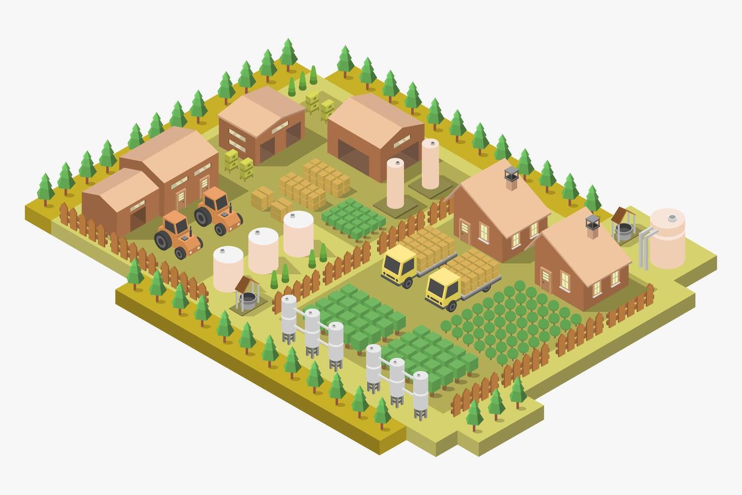 An isometric illustration of a farm vector