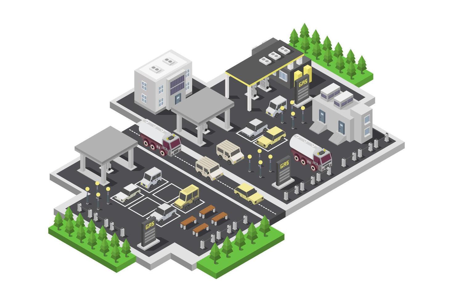 Isometric city with cars and trees vector