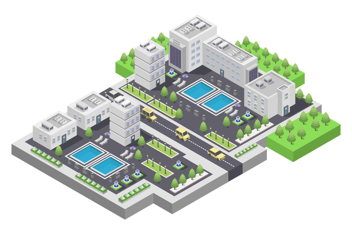 Isometric cityscape with buildings and trees vector