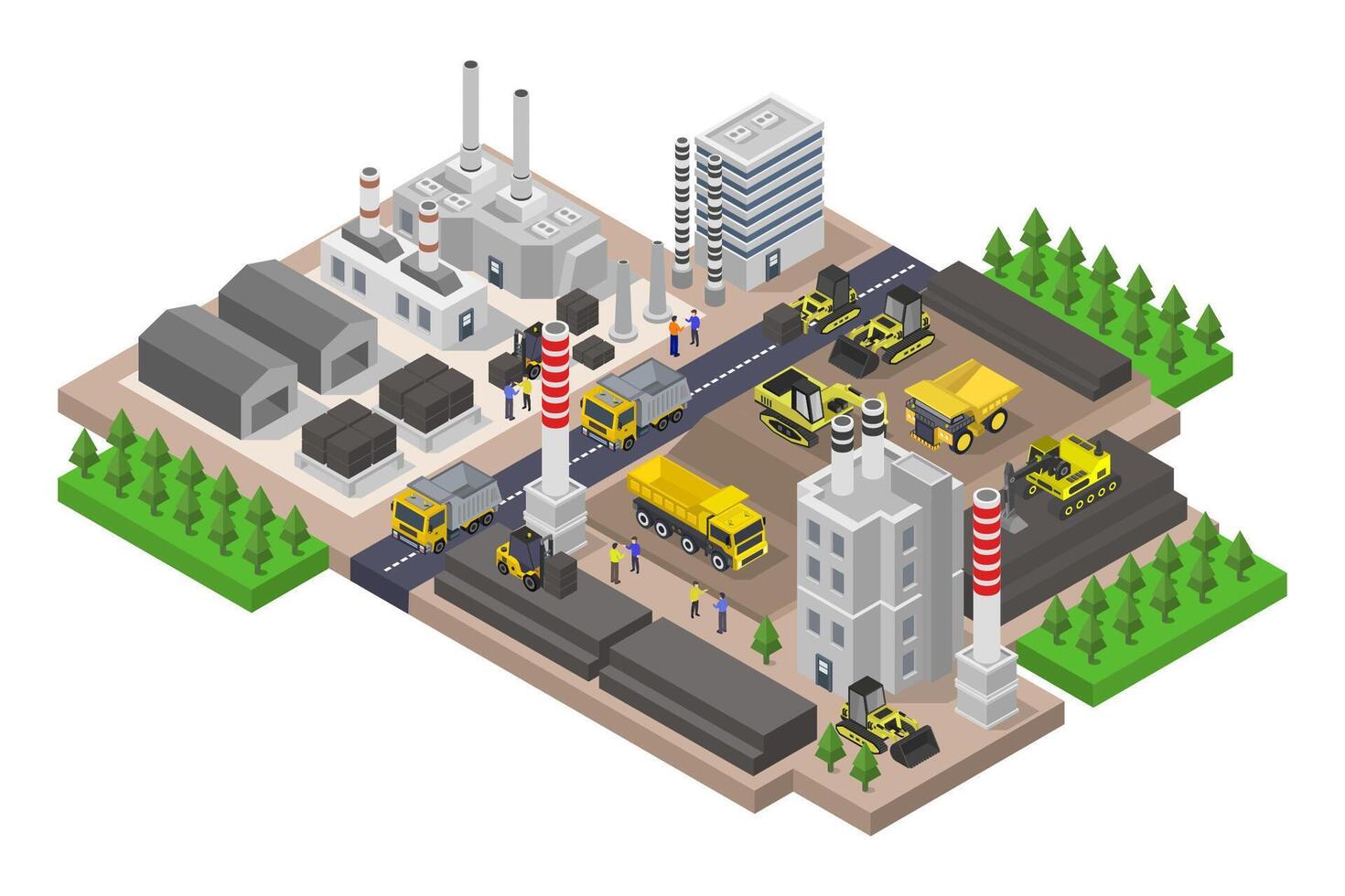 Isometric industrial factory with trucks and machinery vector