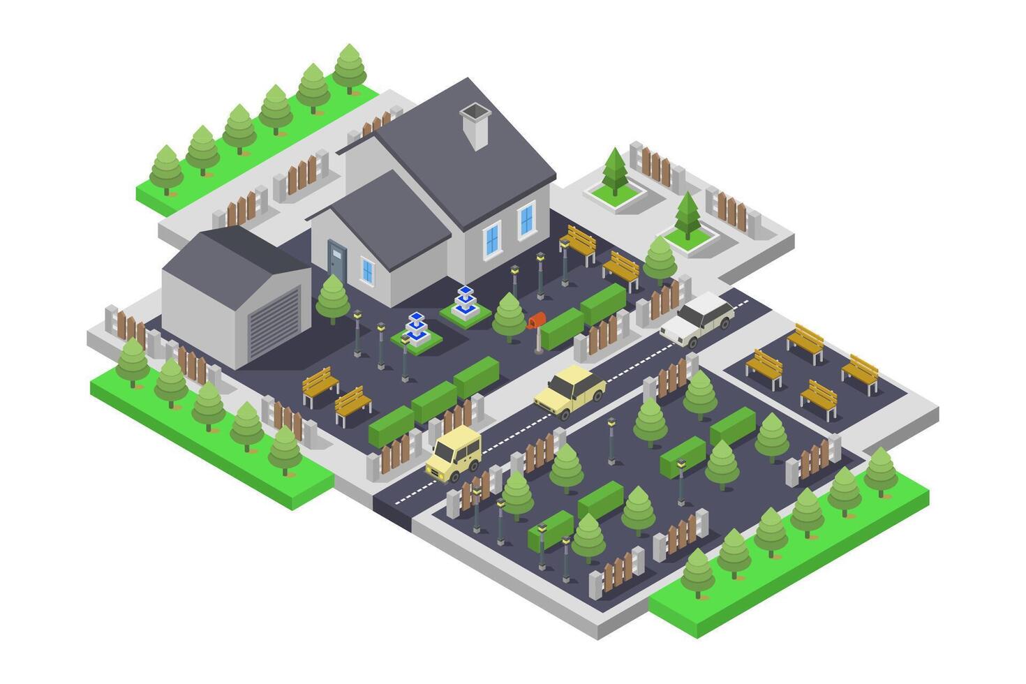 Isometric house with trees and bushes on the street vector