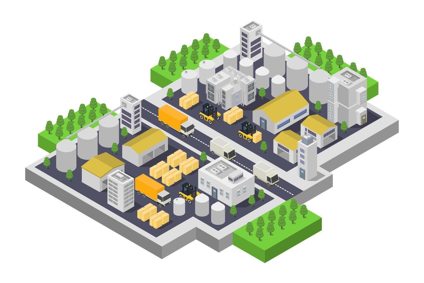 Isometric city with trucks and buildings vector