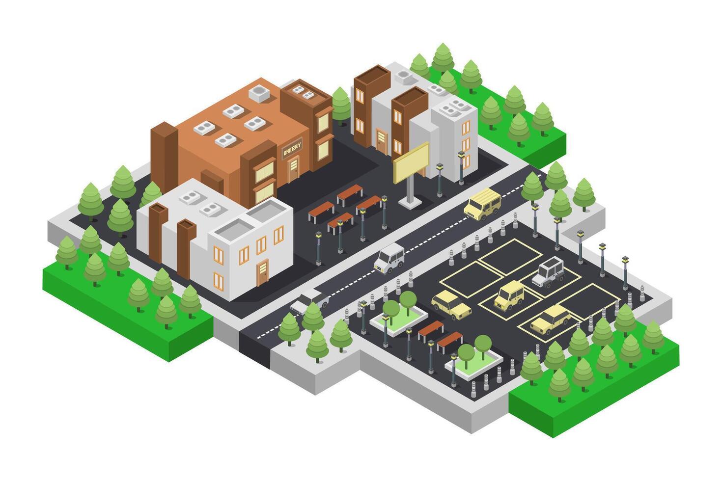 Isometric city with buildings and trees vector