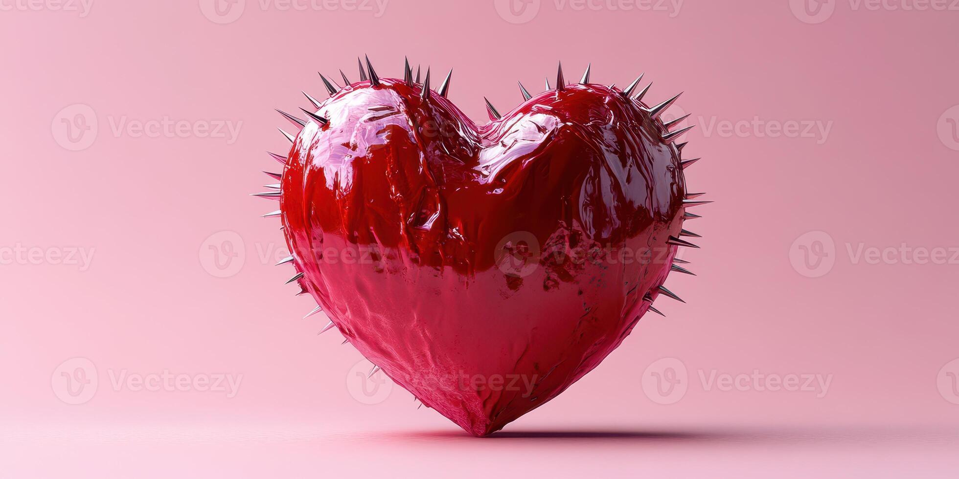 Unique heart sculpture with spikes in striking red color against a soft pink background photo