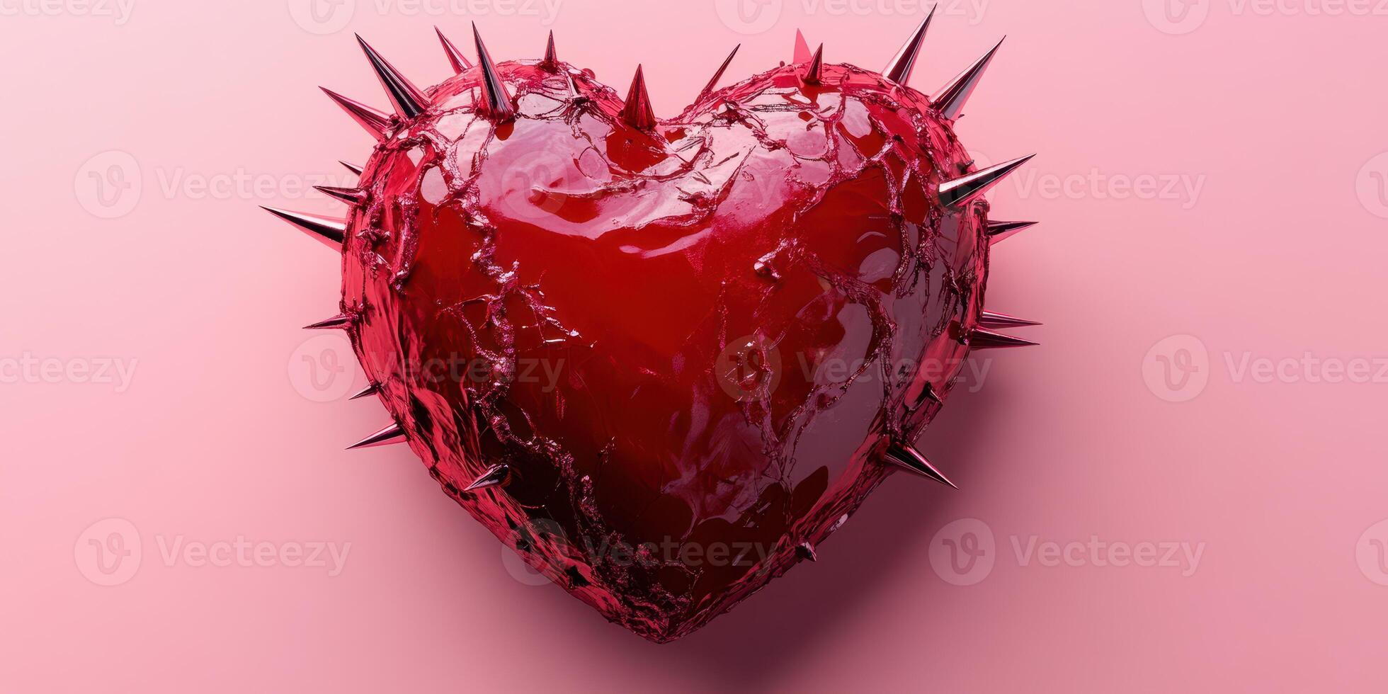 Heart made of glass and covered in spikes resting on a pink background symbolizes pain and love simultaneously photo