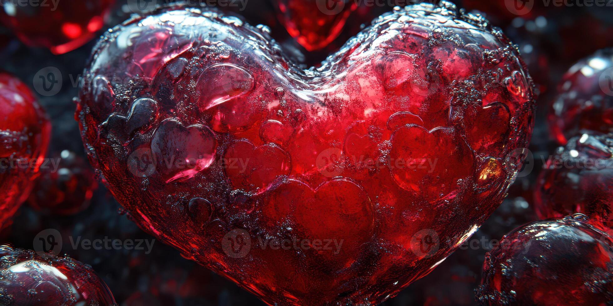 Glowing red hearts surrounded by shimmering droplets create a romantic atmosphere in a close-up setting photo