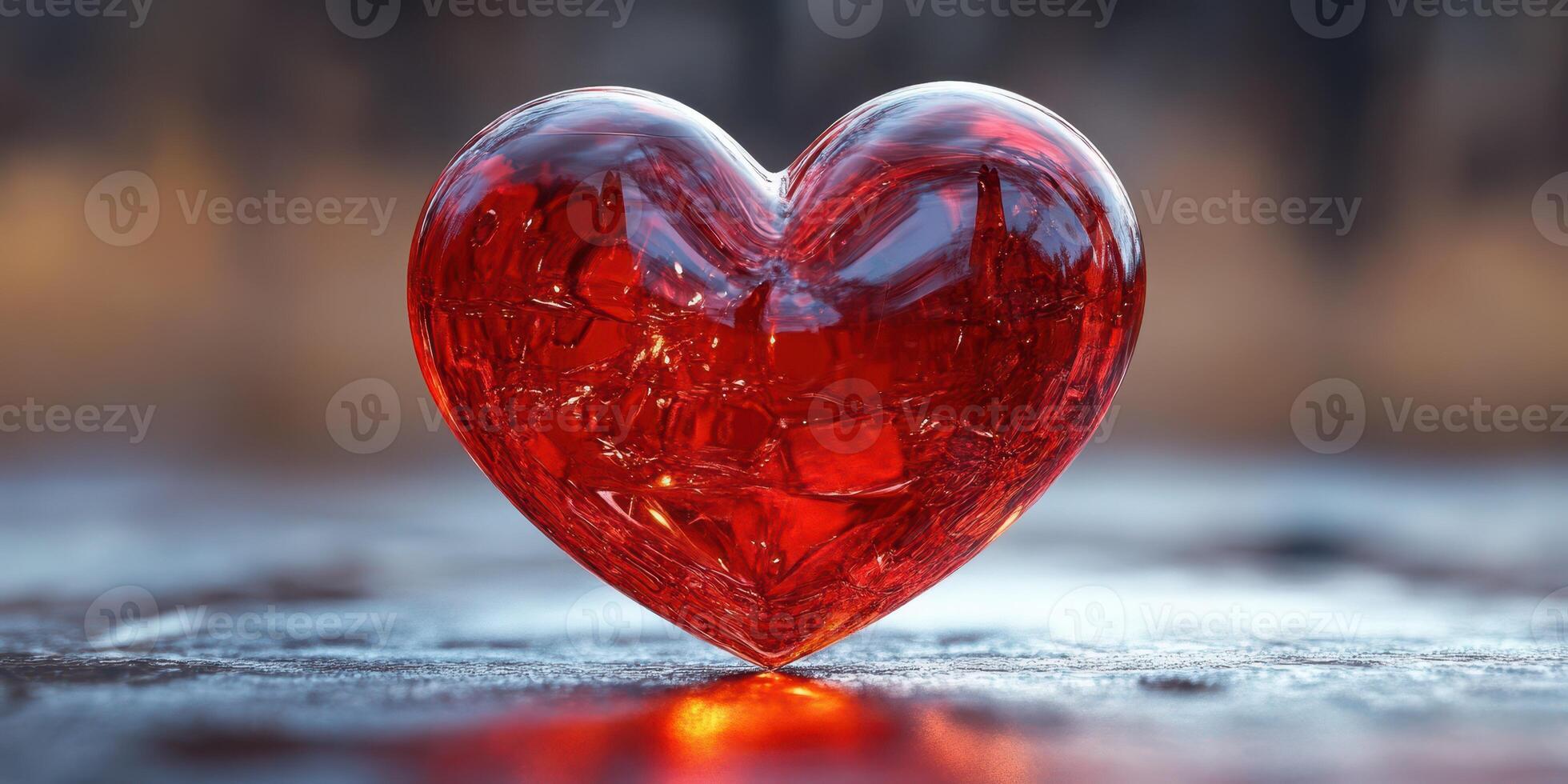 Red heart shaped crystal reflecting light on a textured surface in a serene atmosphere photo