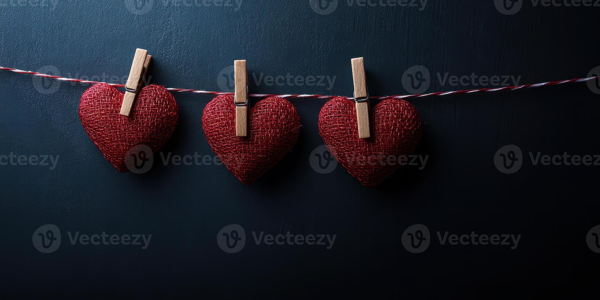 Red hearts hanging on a string with clothespins against a dark background for romantic decoration photo