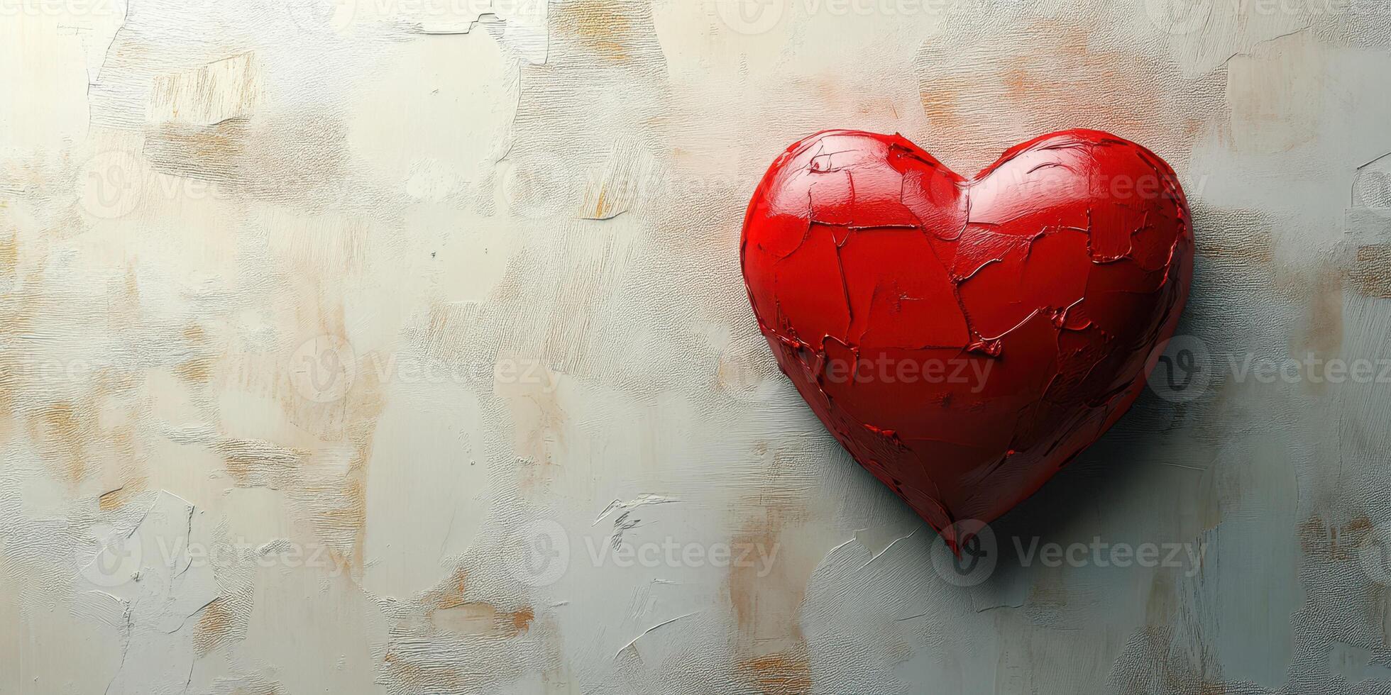 Heart-shaped sculpture resting on textured wall displaying vibrant red color with cracked surface photo
