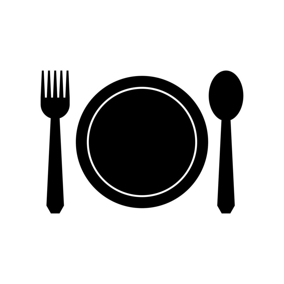 Plate, fork and spoon icon on white background vector
