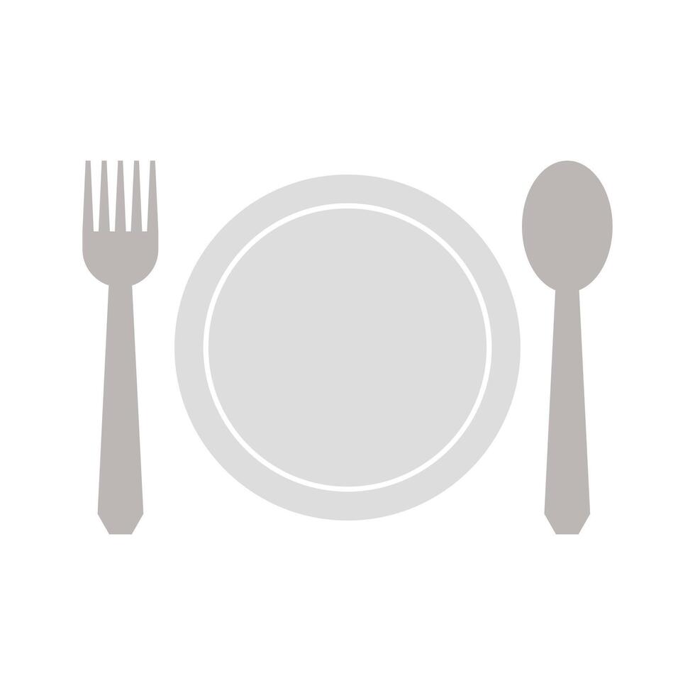 Plate, fork and spoon icon on white background vector