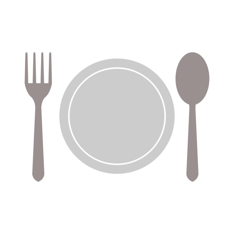 Plate, fork and spoon icon on white background vector
