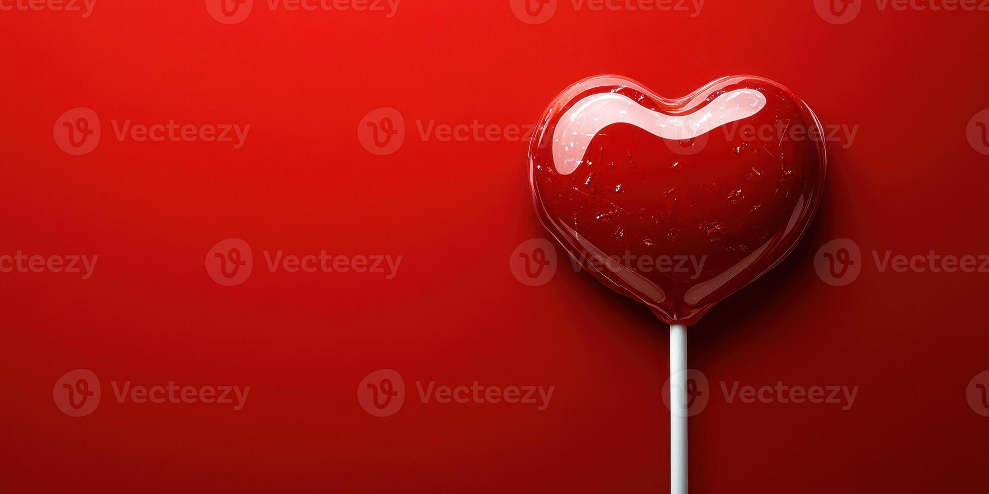 Colorful heart-shaped lollipop on a vivid red background brings sweetness and joy to celebrations and festivities photo