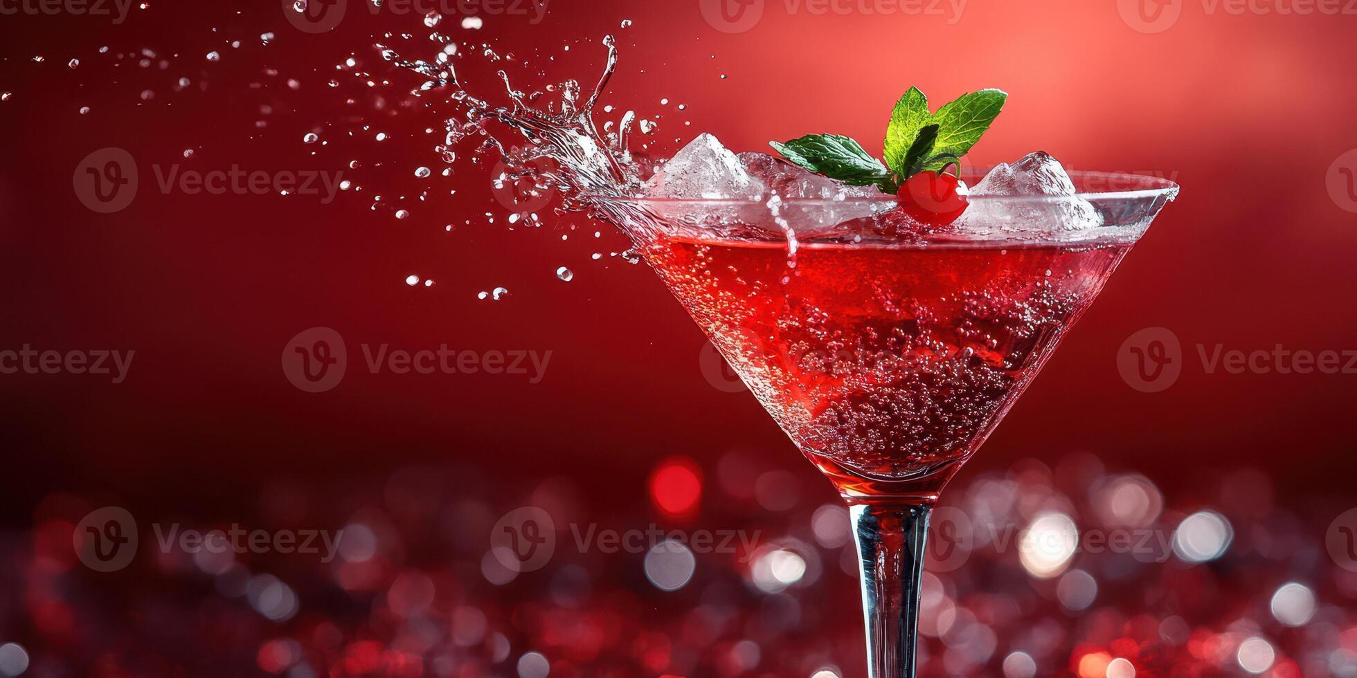 Refreshing cocktail garnished with mint and cherry splashes against a vibrant red background photo