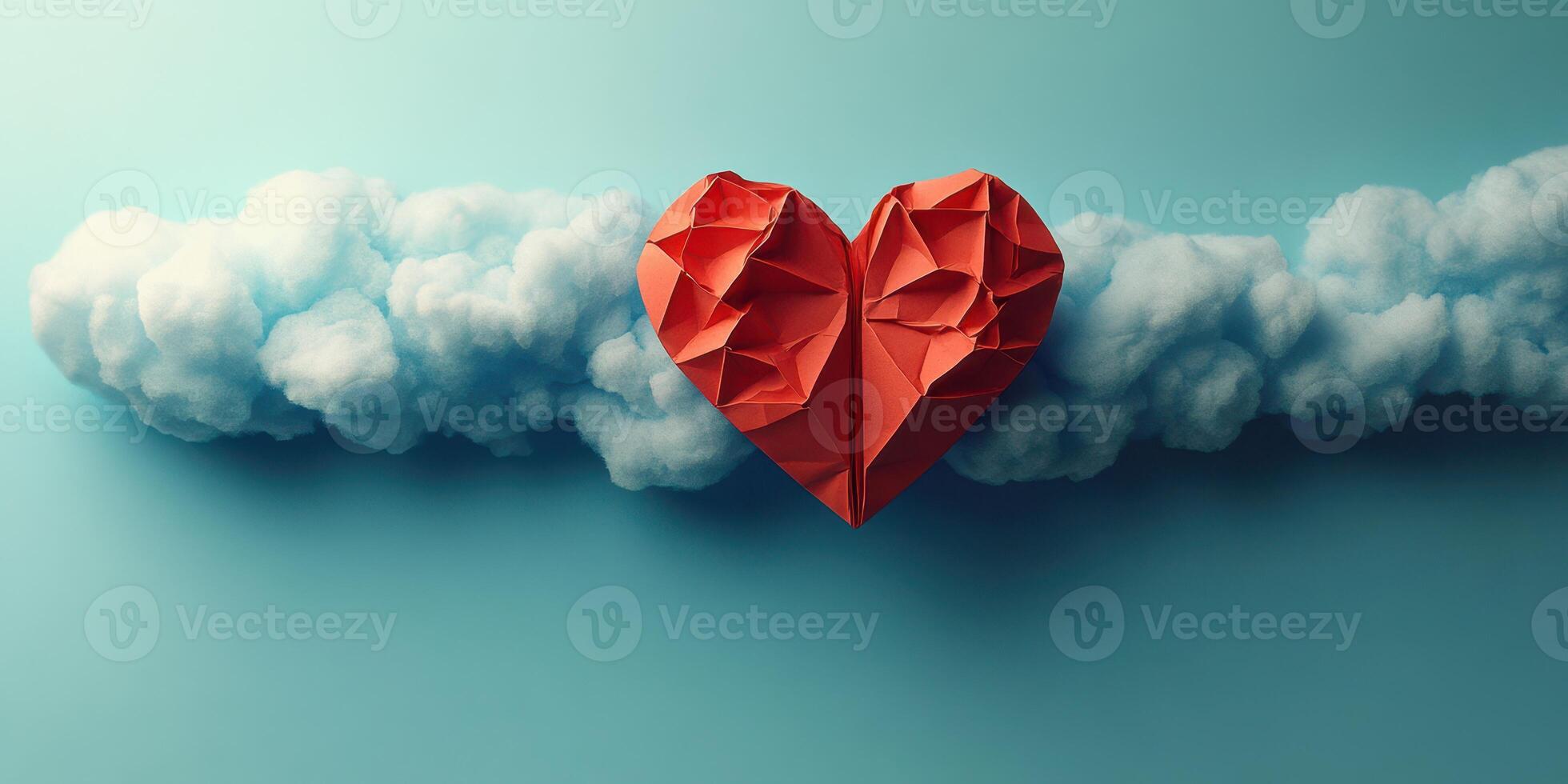 Creative origami heart rests on fluffy clouds against a soothing blue backdrop photo