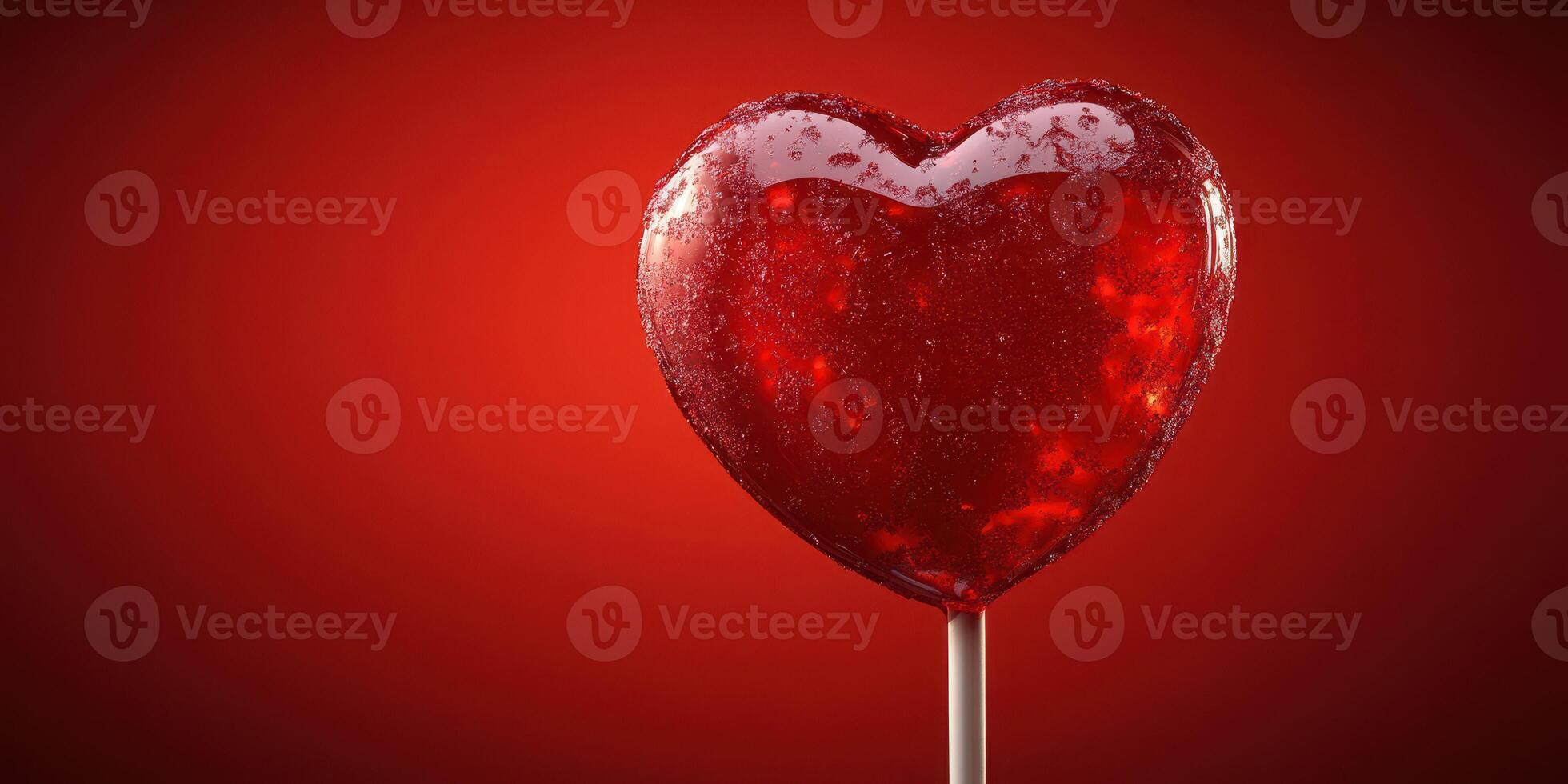 Bright red heart-shaped lollipop on a stick against a vivid red background photo