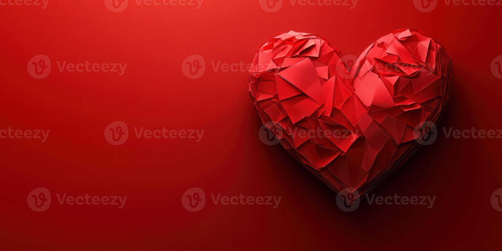 Red paper heart sculpture on a vibrant red background for romantic themes and artistic expression photo