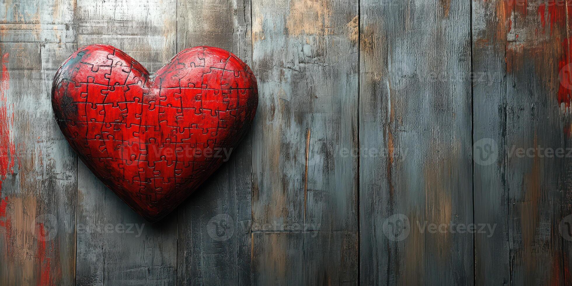 Heart shaped puzzle piece on rustic wooden surface adds a unique artistic touch to interior decor photo