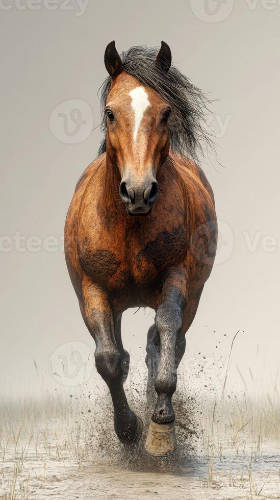 Strong brown horse running swiftly through dusty terrain under a gray sky in a misty landscape photo