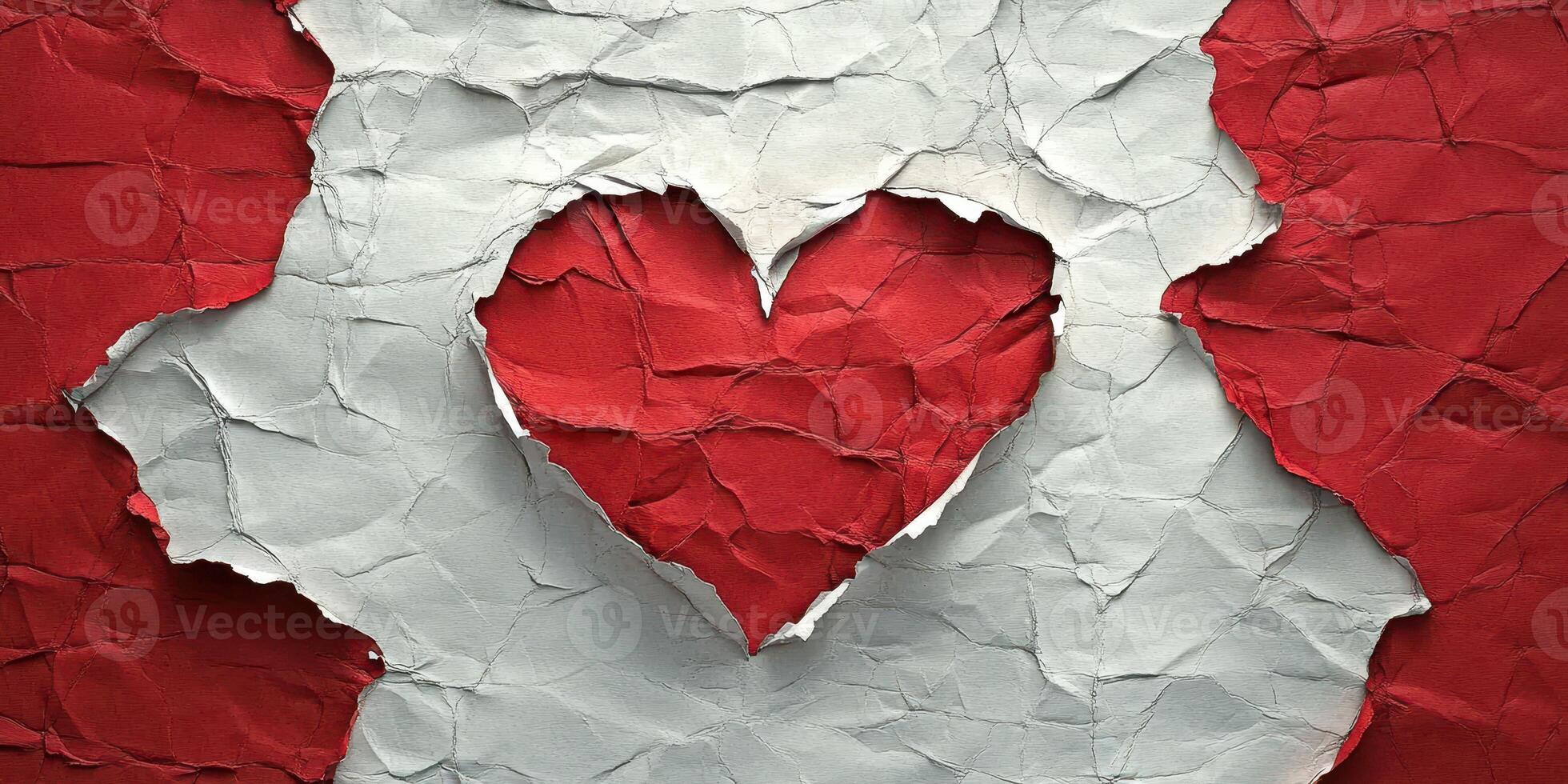 Torn paper creates a heart shape against a red and white background in a creative art piece photo