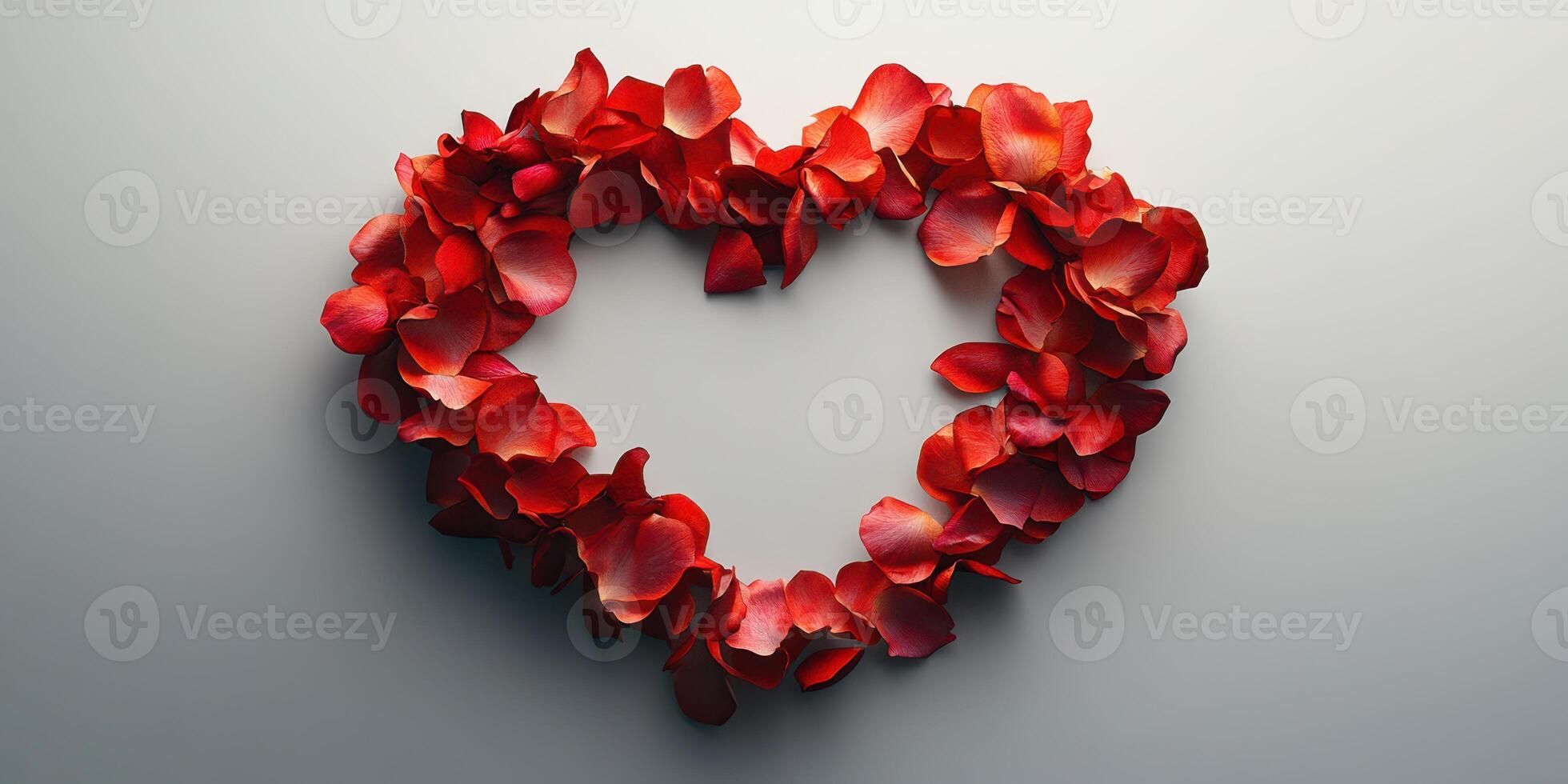 Heart shape created from red rose petals on a neutral background showcasing love and romance photo