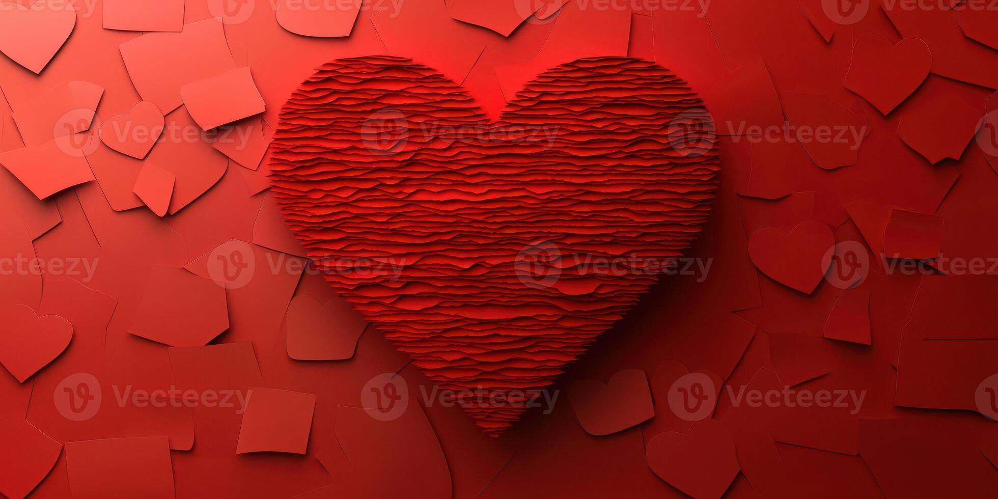 Creative red heart design surrounded by textured paper hearts in a vibrant composition suitable for Valentine's Day photo