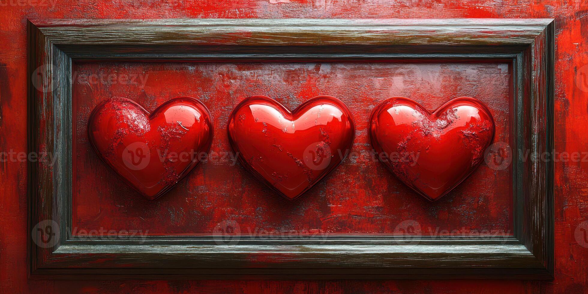 Three heart-shaped decorations mounted in a red frame against a textured red wall photo