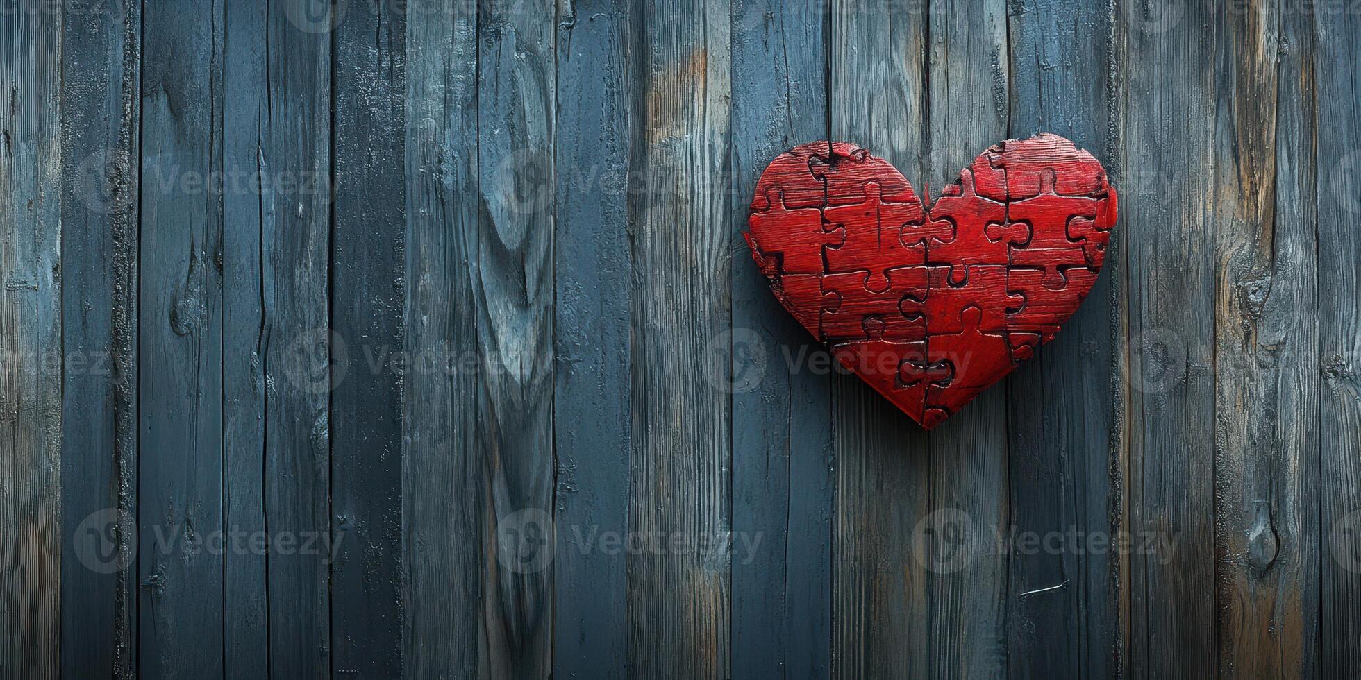 Heart-shaped puzzle piece decor on wooden background evokes feelings of love and connection in a cozy setting photo