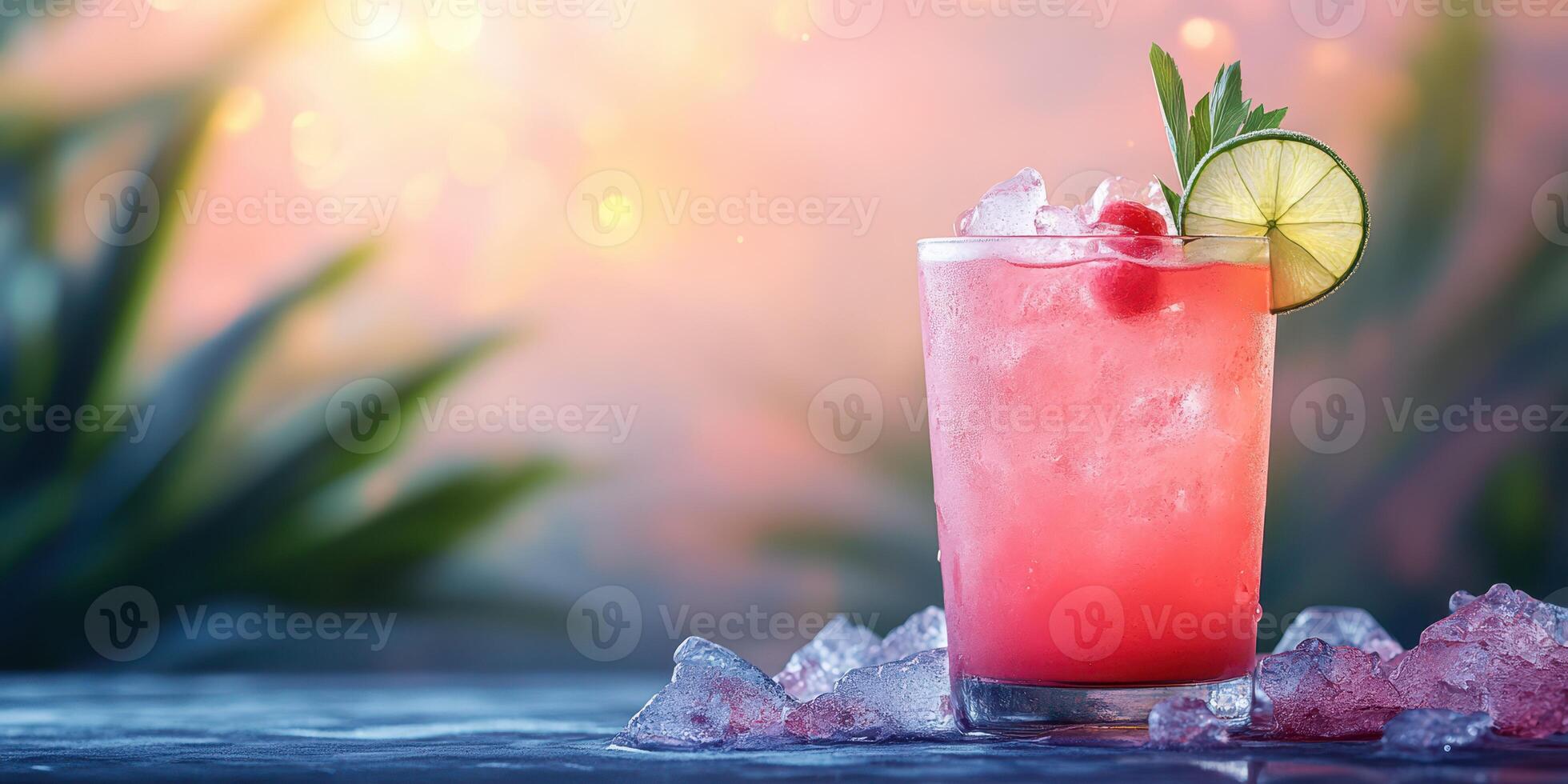 Refreshing cocktail with lime and cherry served on ice in a vibrant outdoor setting during sunset photo