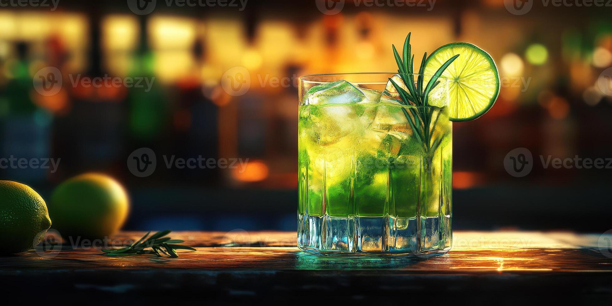 Refreshing green cocktail with lime and rosemary garnished in a lively bar setting during the evening hours photo