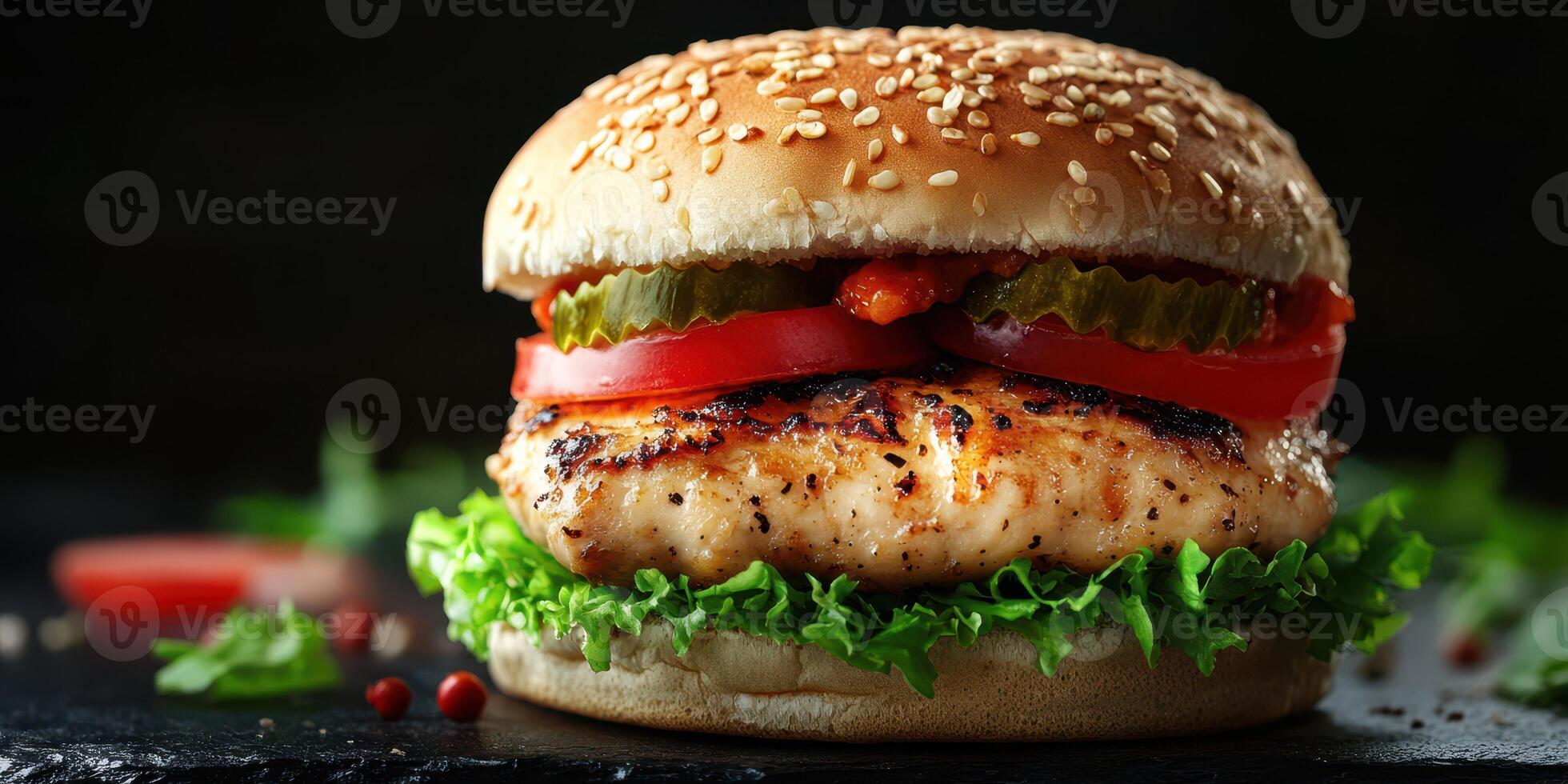 Delicious grilled chicken burger with fresh toppings served on a sesame seed bun at a gourmet restaurant photo