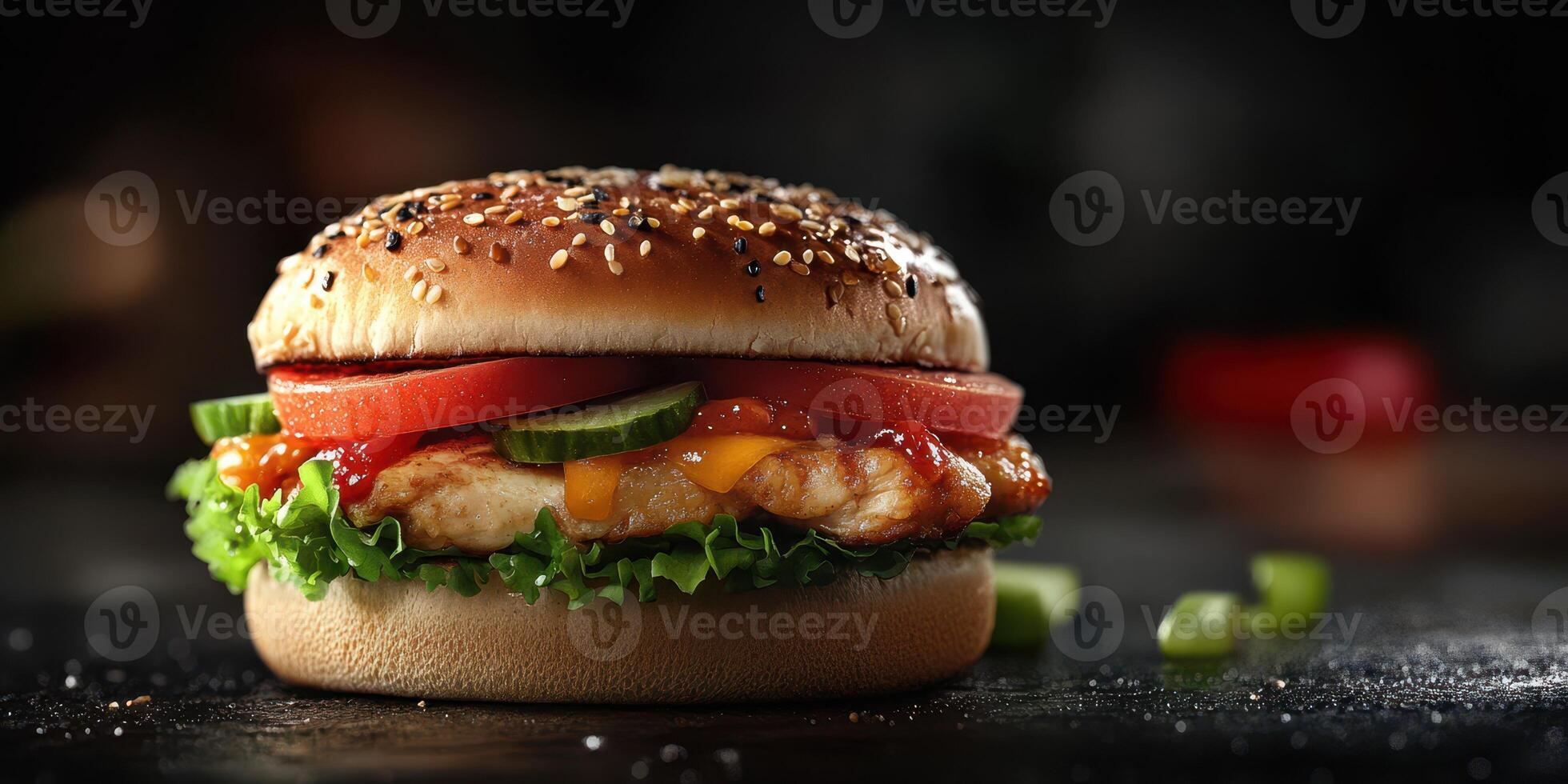 Succulent burger with fresh vegetables and cheese on a dark background photo
