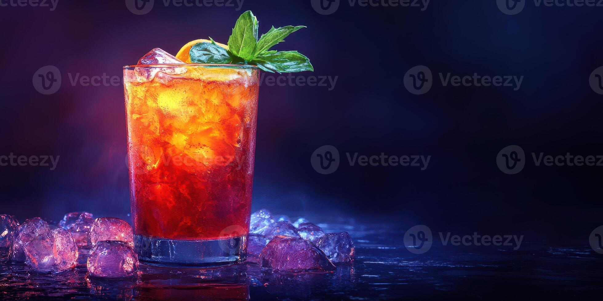 Refreshing cocktail with ice and mint on a dark background during a summer evening celebration photo