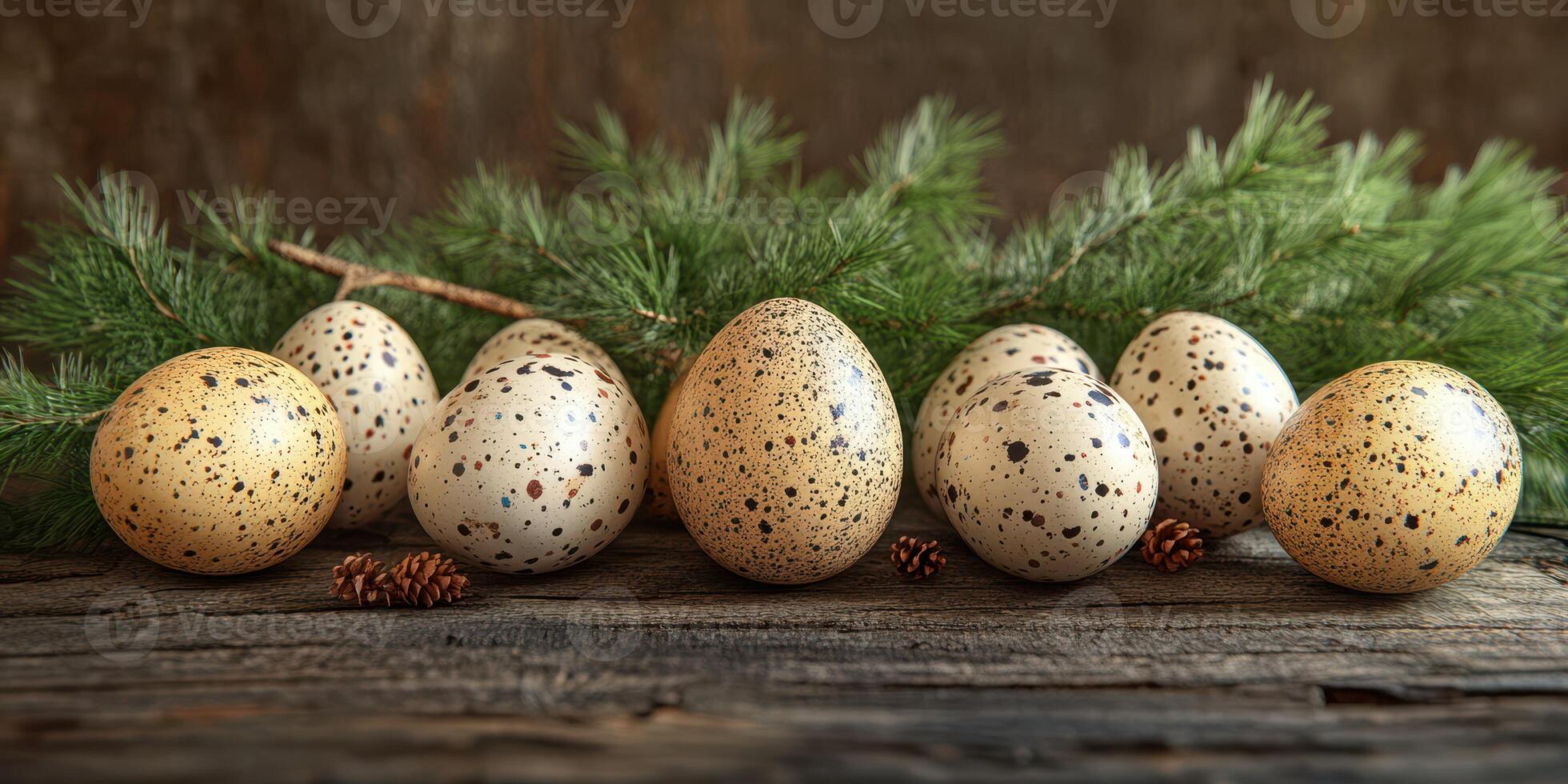 Decorative speckled eggs arranged on rustic wooden surface with pine branches and cones during a serene spring setting photo