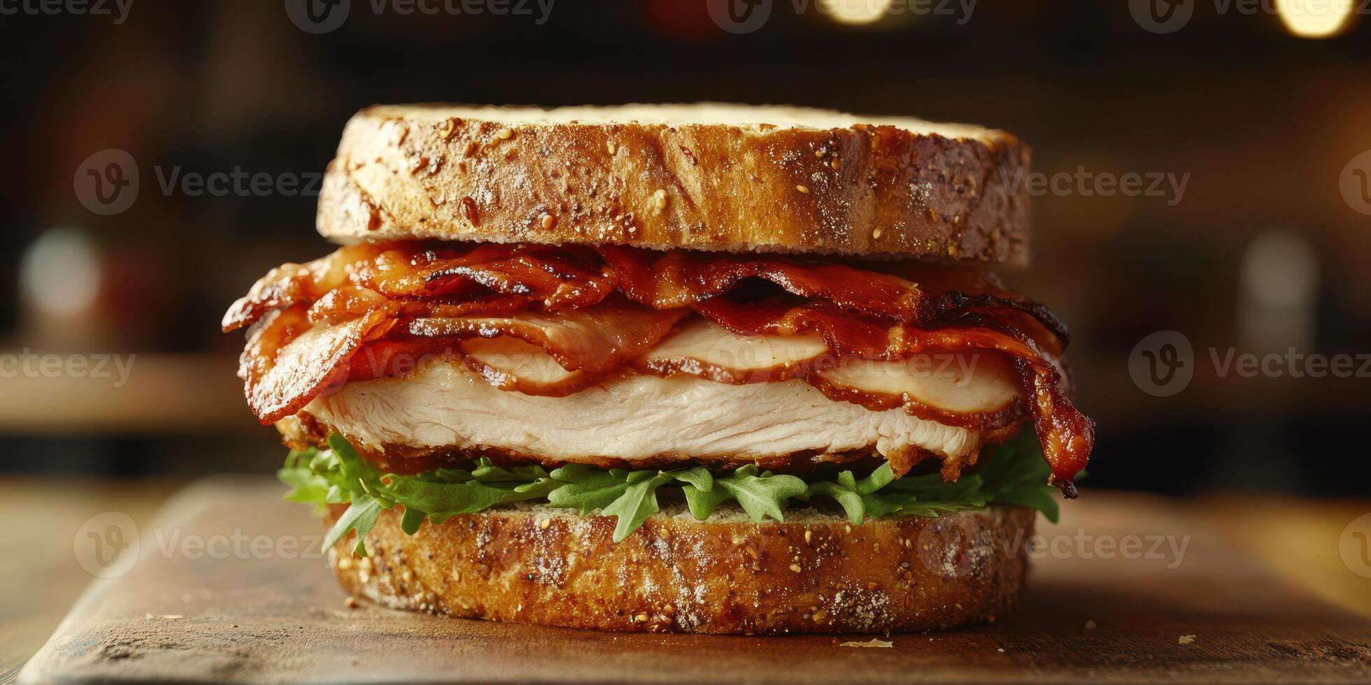 Deliciously crafted sandwich with crispy bacon and tender chicken on hearty whole grain bread photo