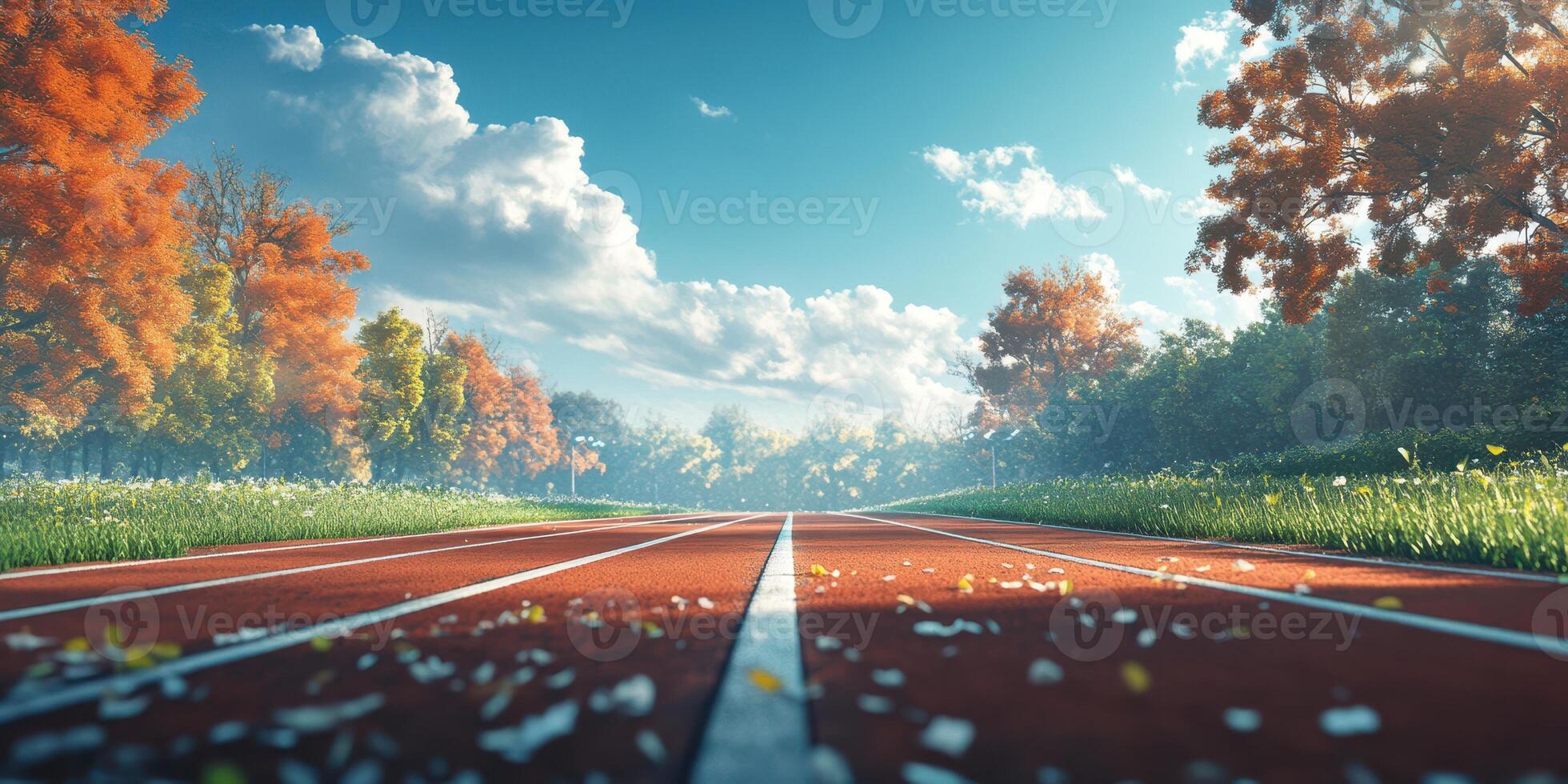 Running track surrounded by autumn foliage with vibrant colors under a clear sky in a tranquil park setting photo