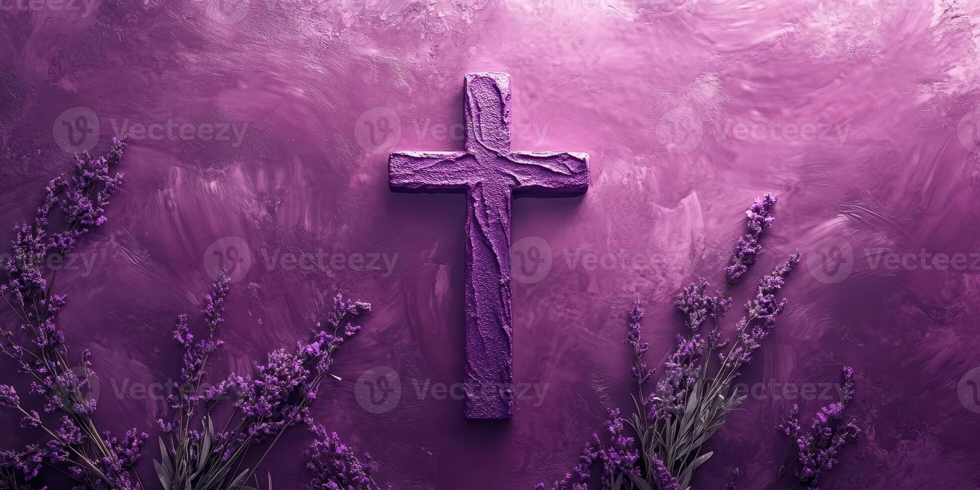 Cross decorated with lavender on a purple backdrop symbolizes spirituality and tranquility during a serene moment of reflection photo
