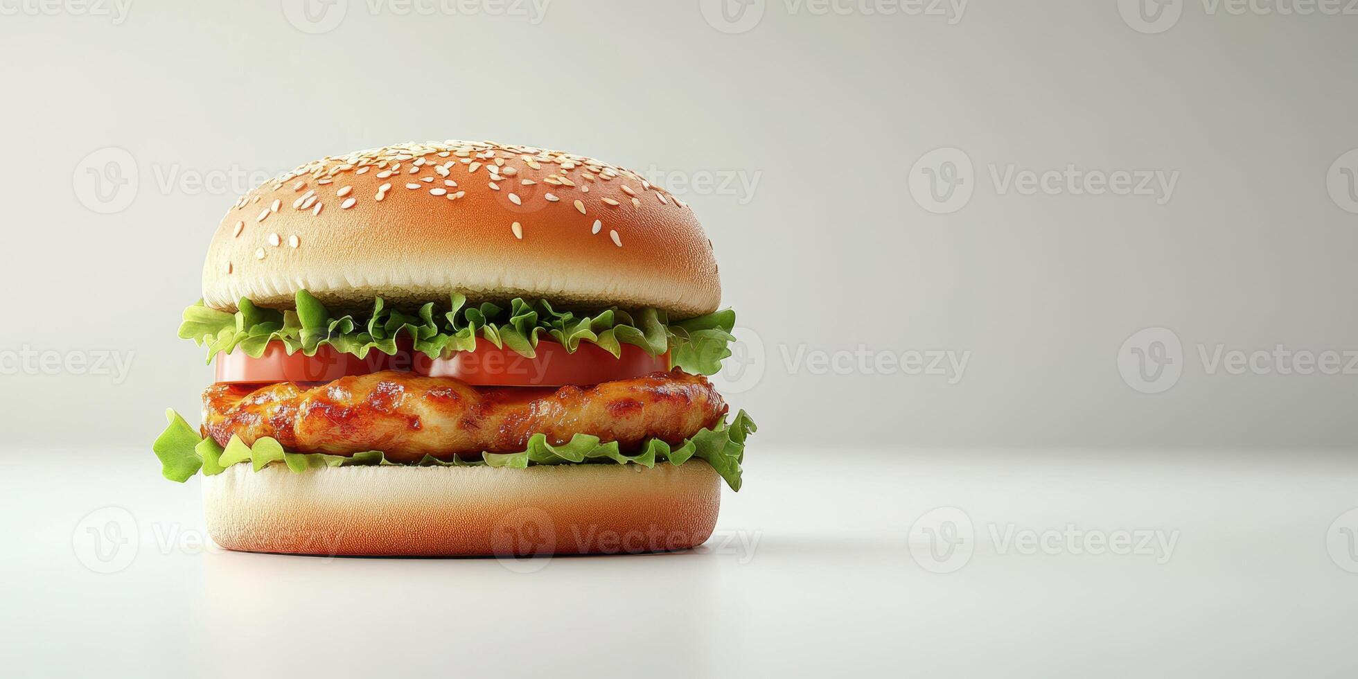 Freshly made chicken burger with lettuce and tomato on a plain background ready to be enjoyed photo