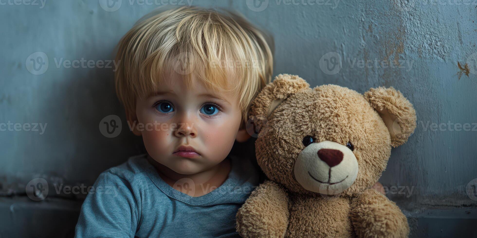 Child with teddy bear sitting against a wall in soft light creating a gentle expression of innocence and curiosity photo