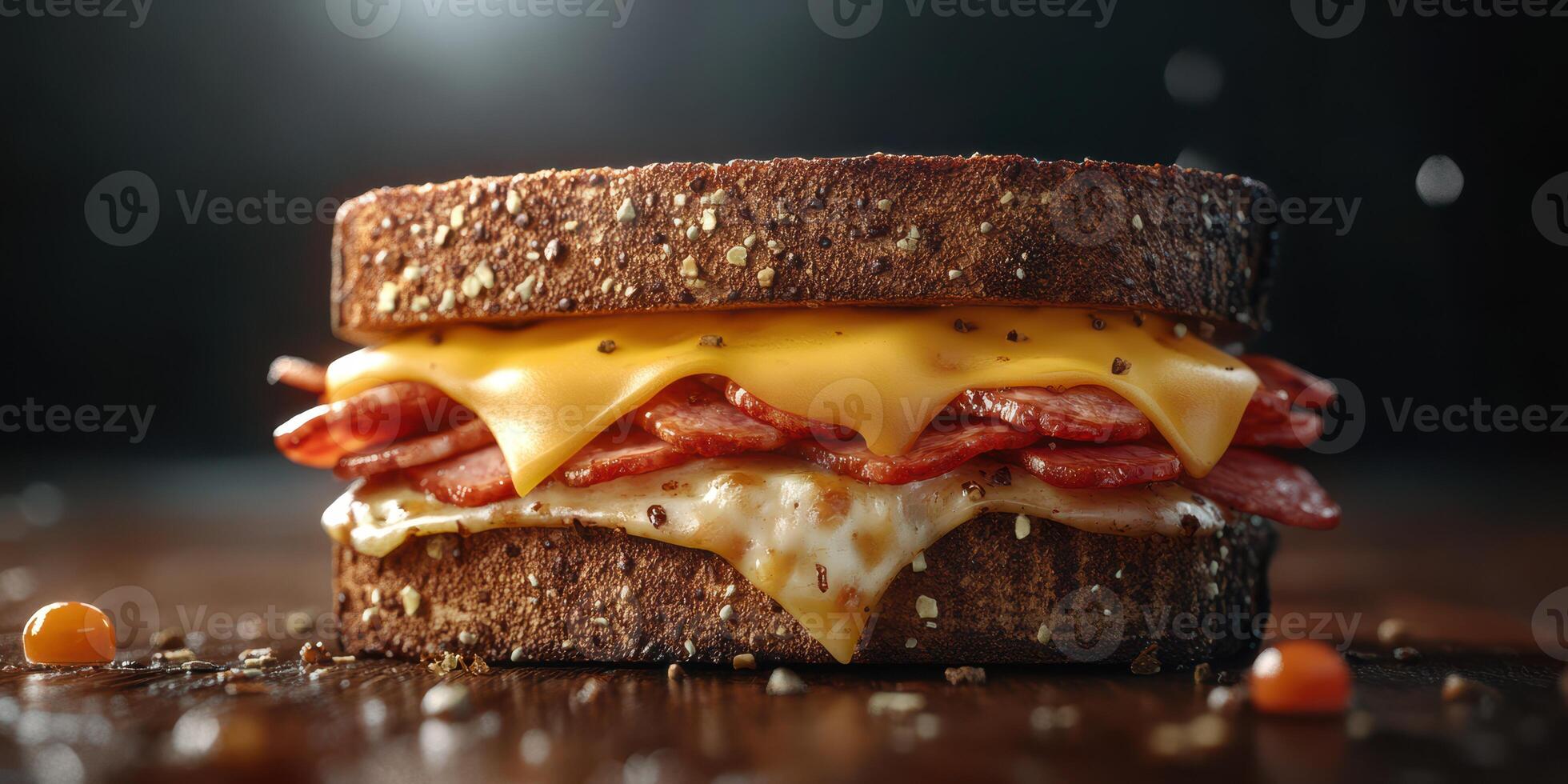 Delicious sandwich made with layers of cheese and pepperoni on whole grain bread photo