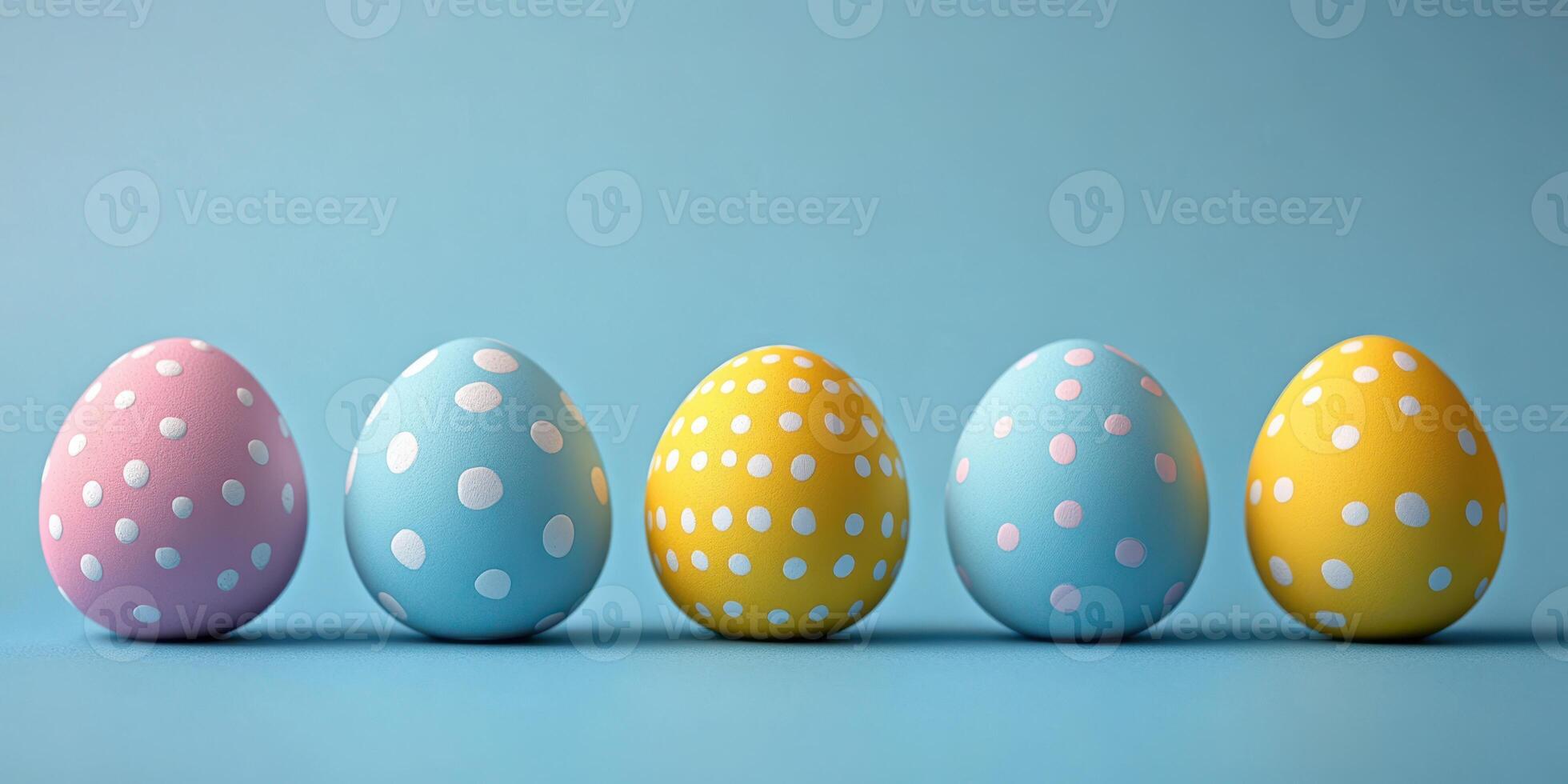 Colorful Easter eggs arranged in a row against a blue background showcasing playful designs and polka dots photo