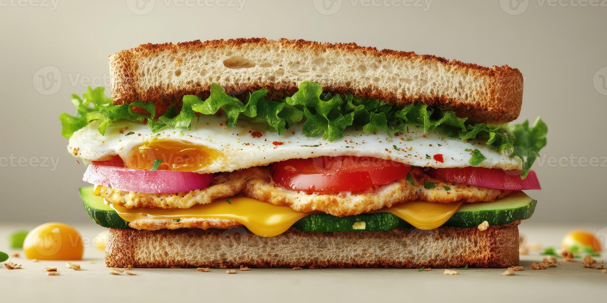Delicious sandwich loaded with fresh ingredients served on whole wheat bread with a sunny-side-up egg, vegetables, and cheese photo