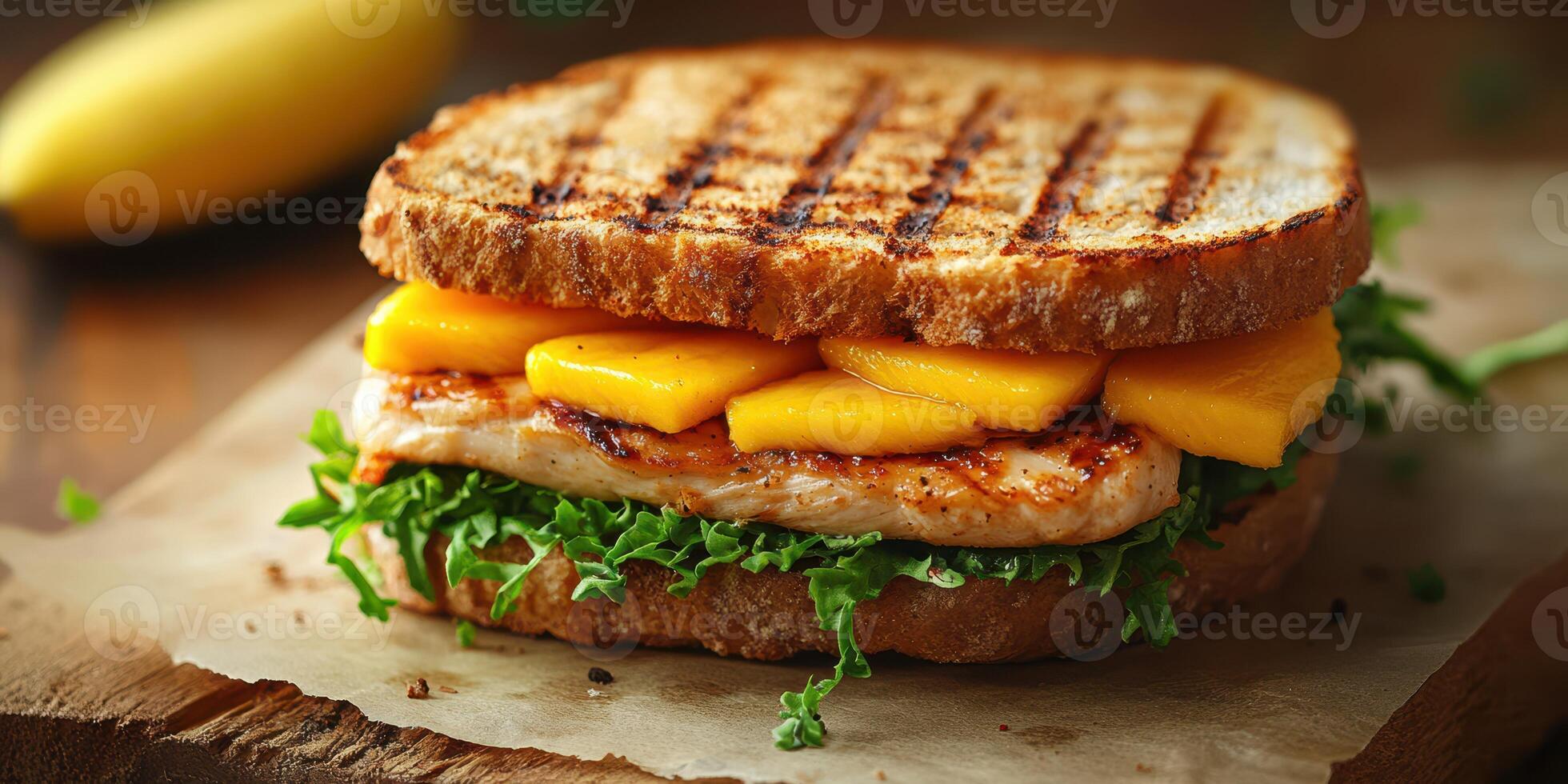 Savory grilled chicken sandwich with fresh mango slices on whole grain bread photo