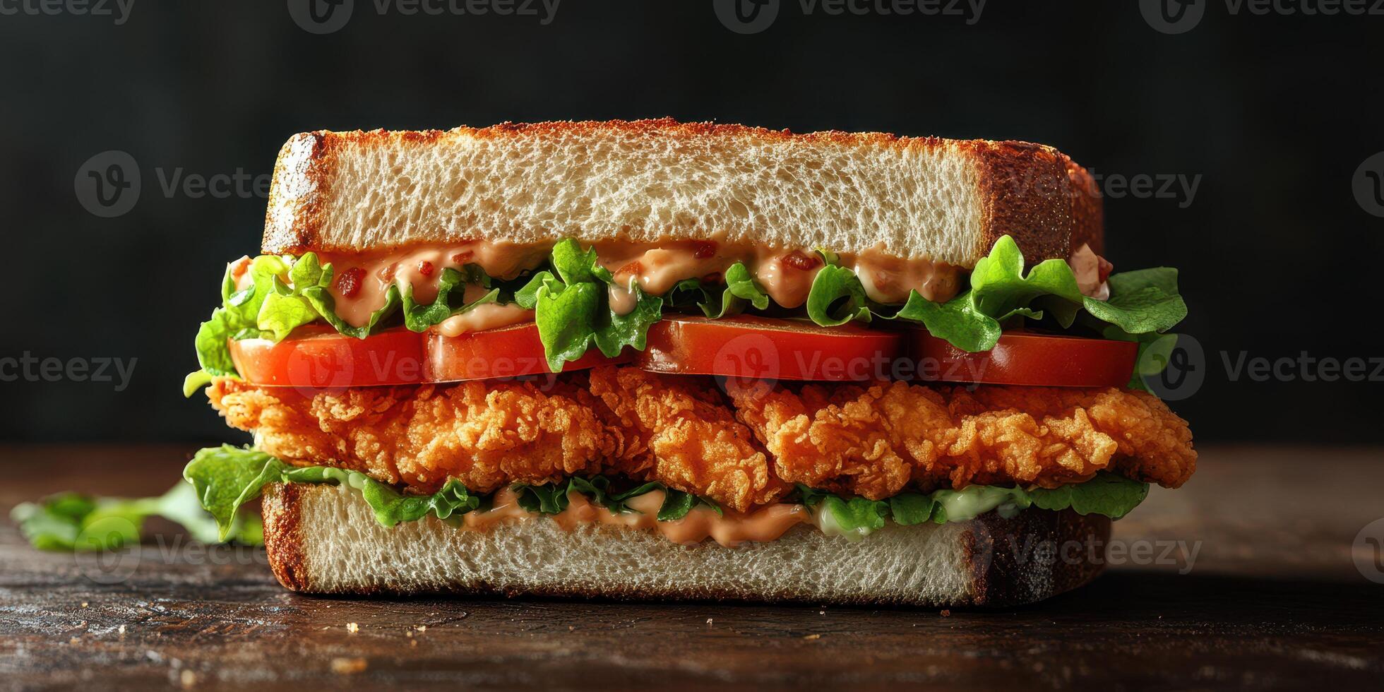 Crispy chicken sandwich with fresh vegetables on whole grain bread served in a rustic setting during the afternoon photo