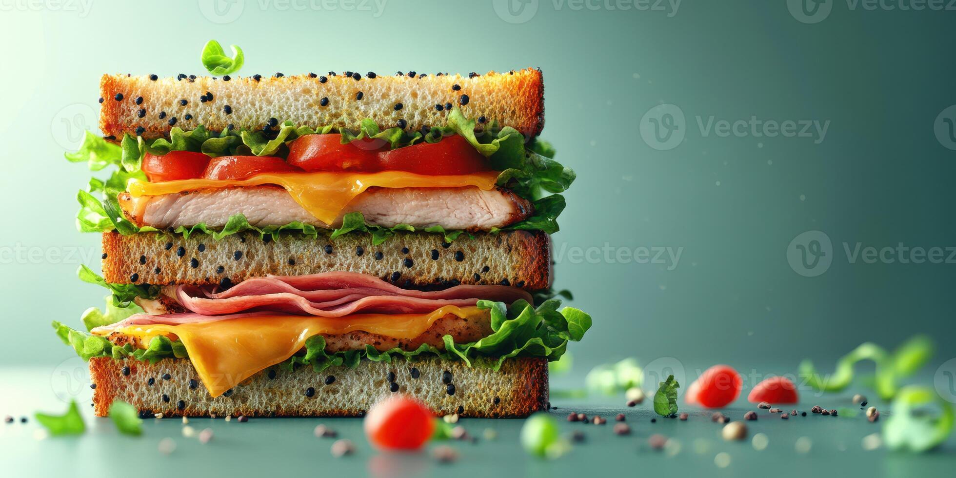Delicious stacked sandwich with fresh ingredients and layers of meats and cheese on a clean background photo