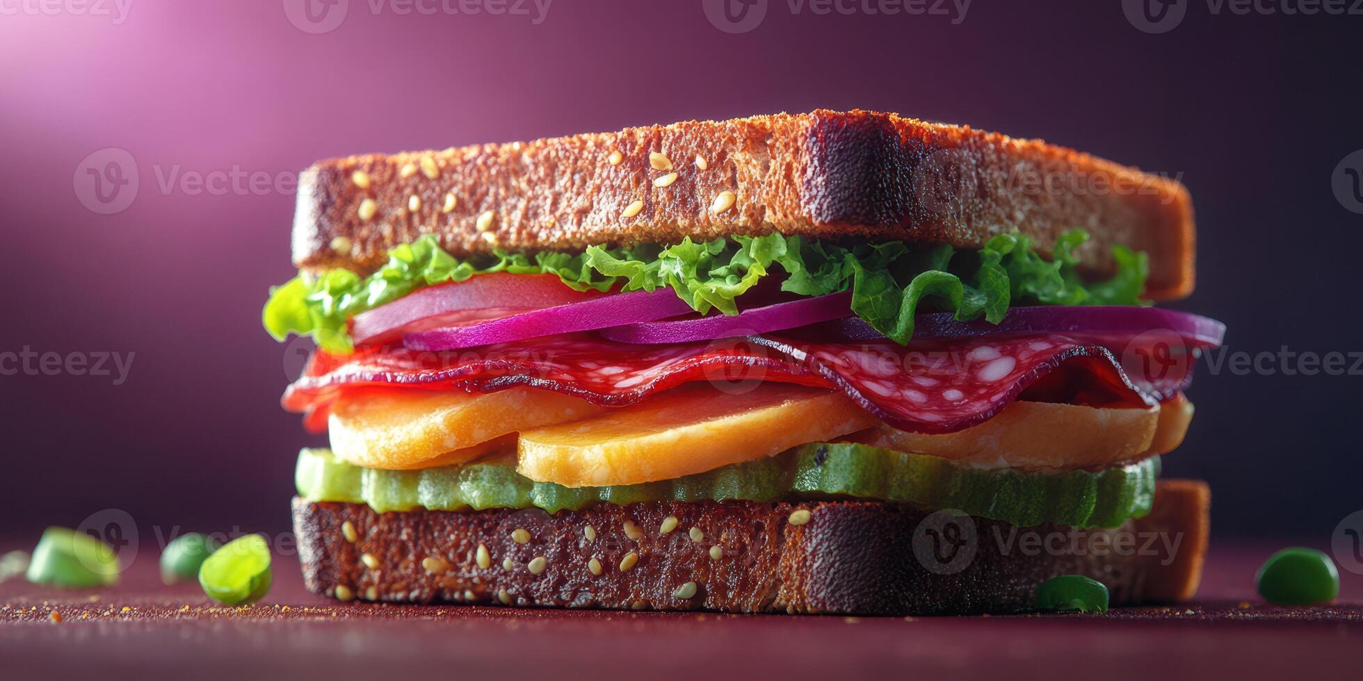 Delicious multigrain sandwich stacked with fresh vegetables and deli meats at a cozy kitchen setting photo