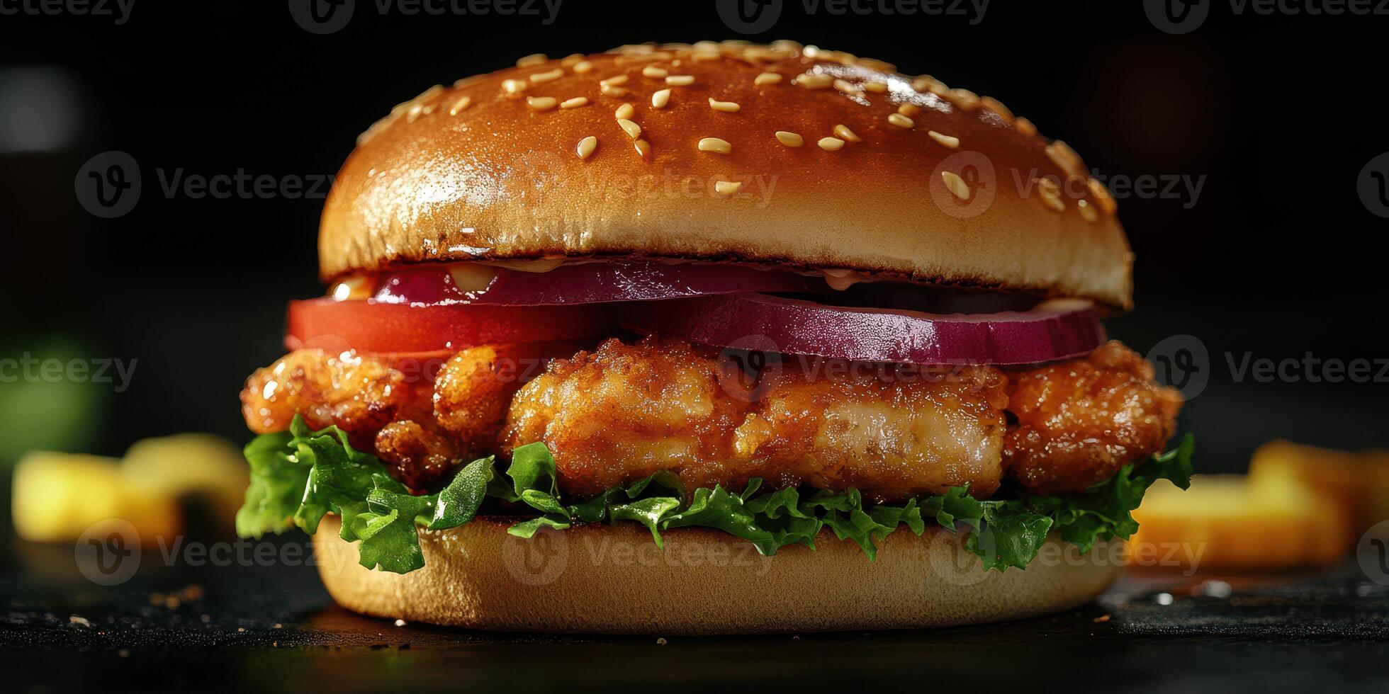 Fried chicken sandwich with lettuce, tomato, and onion served on a sesame seed bun with a dark background photo