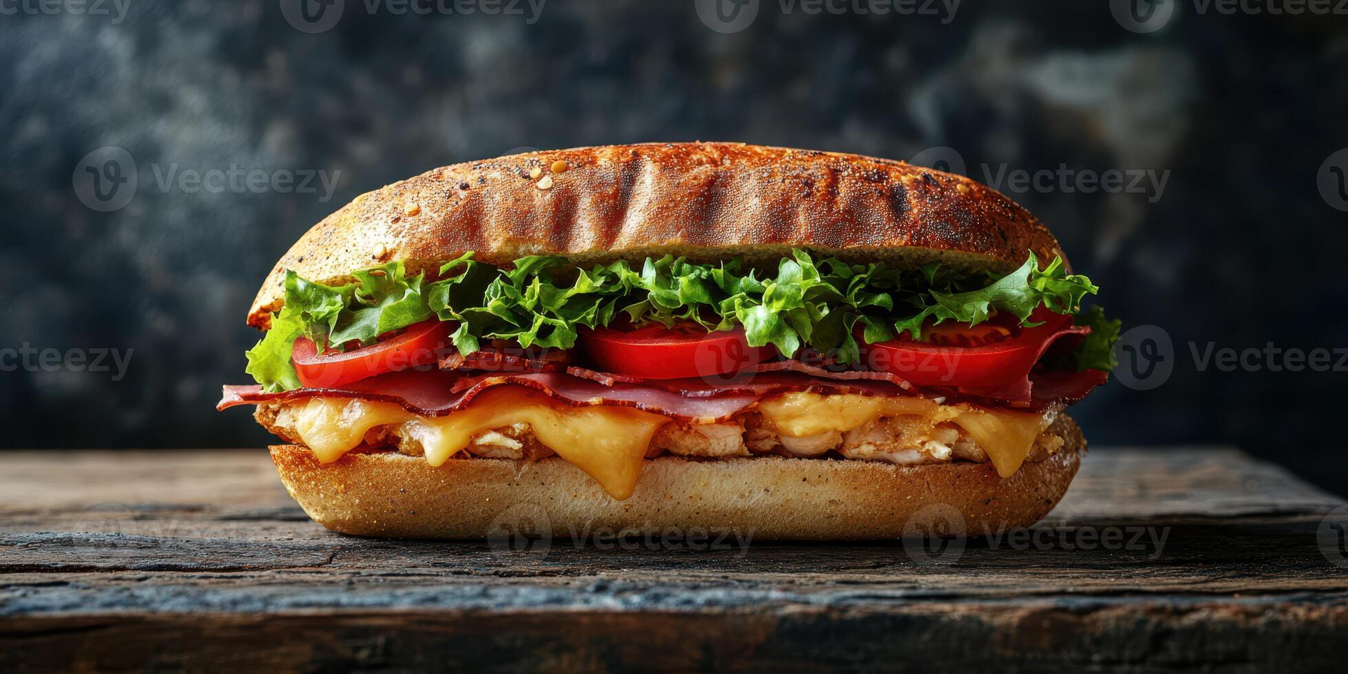 Delicious sandwich layered with fresh vegetables, high-quality meats, and melted cheese on rustic wooden backdrop photo