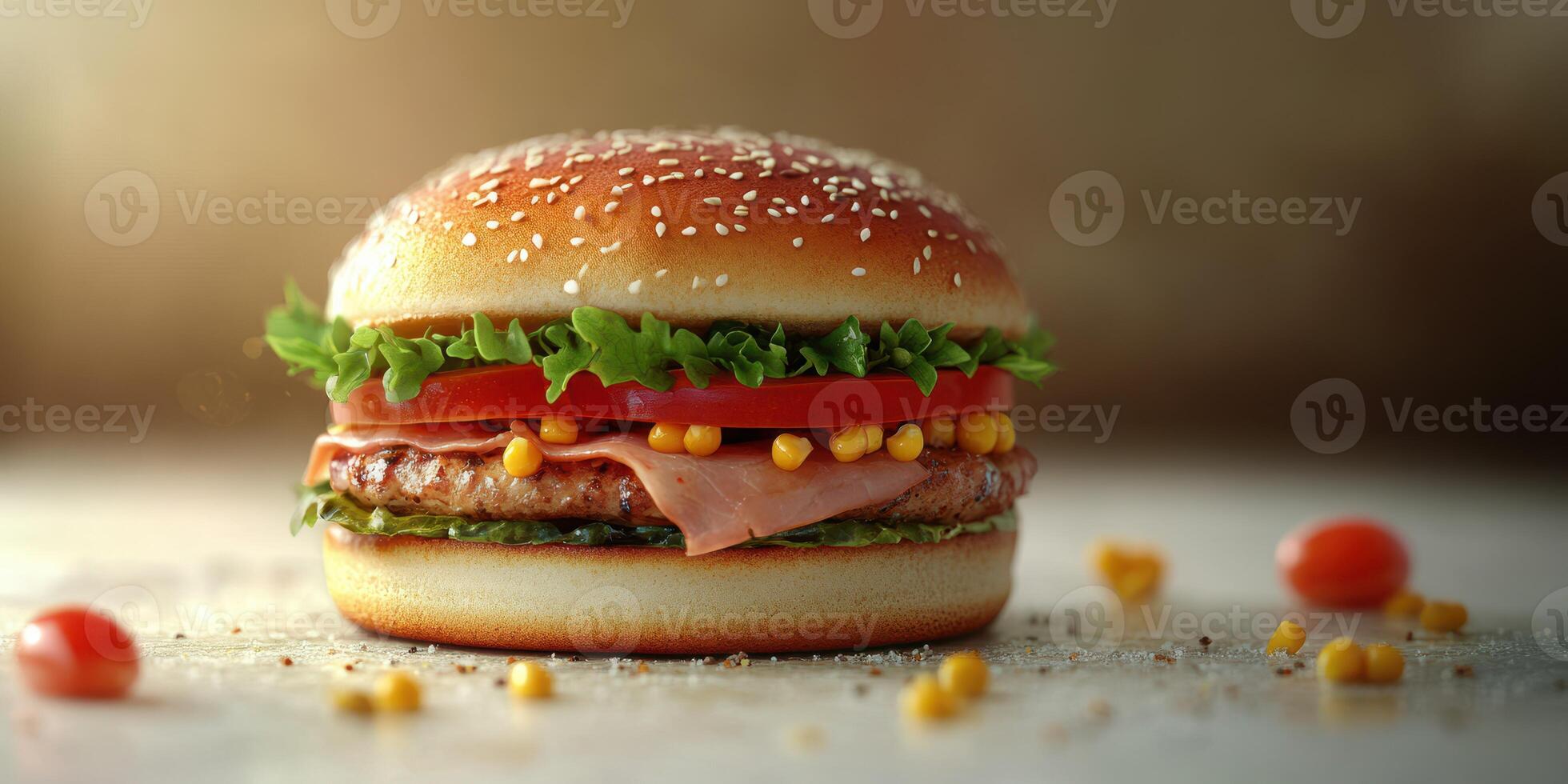 Delicious burger with fresh ingredients served on a sesame seed bun at a casual eatery in the afternoon photo