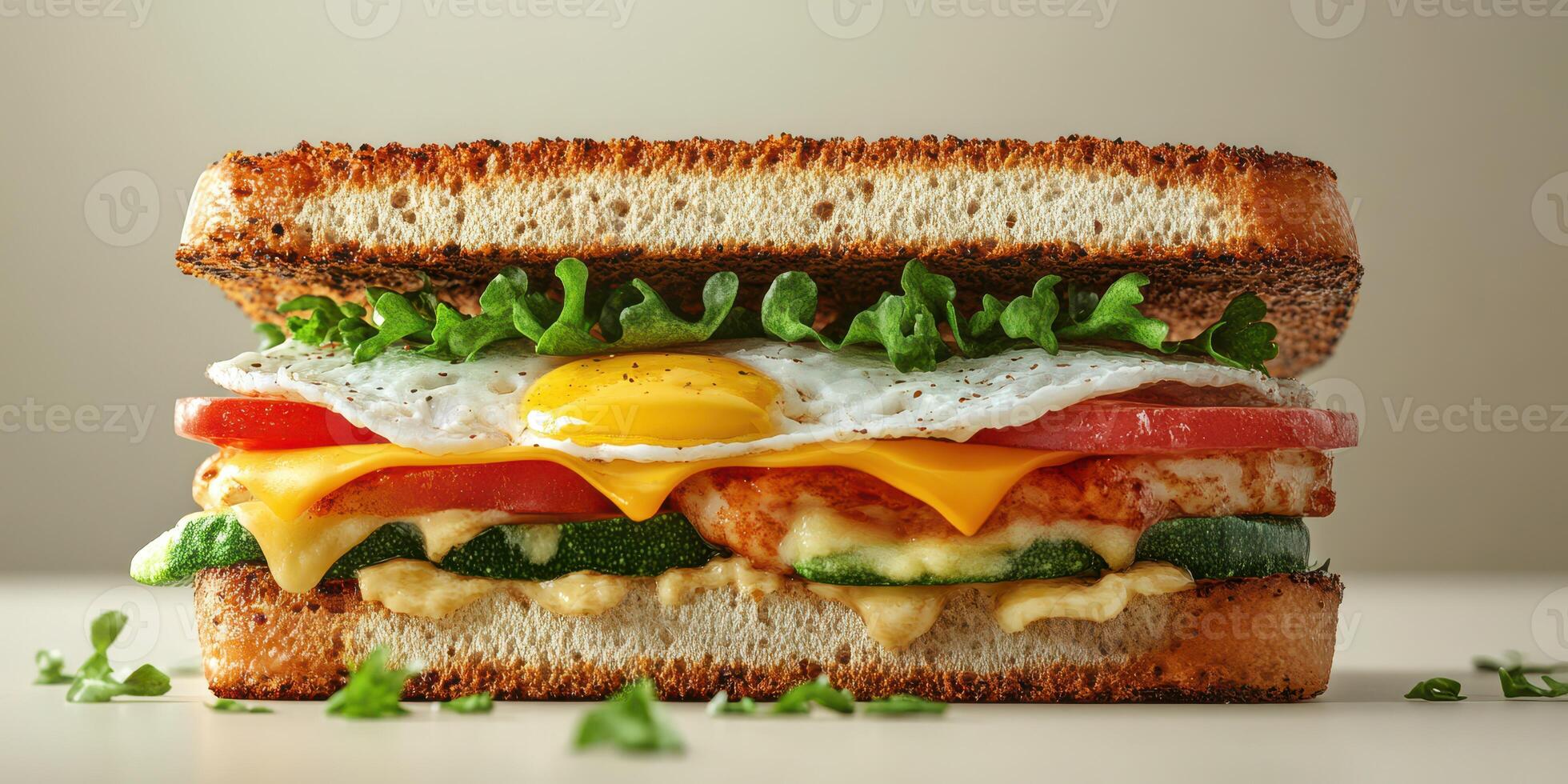 Delicious breakfast sandwich featuring layers of fresh vegetables, fried egg, and melted cheese on toasted bread photo
